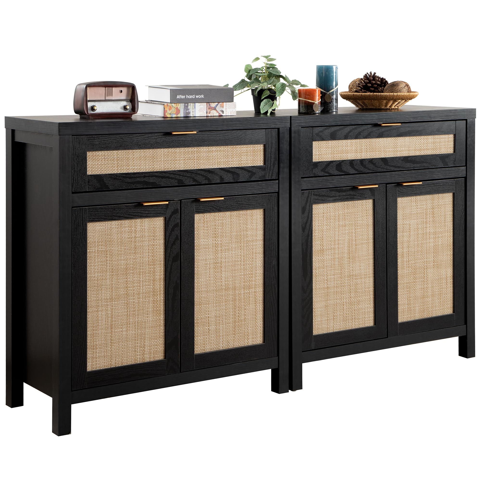 FURNIXI Sideboard Buffet Storage Cabinet Set of 2, Black Rattan Credenza Console with Drawer & Doors, Coffee Bar for Entryway Kitchen