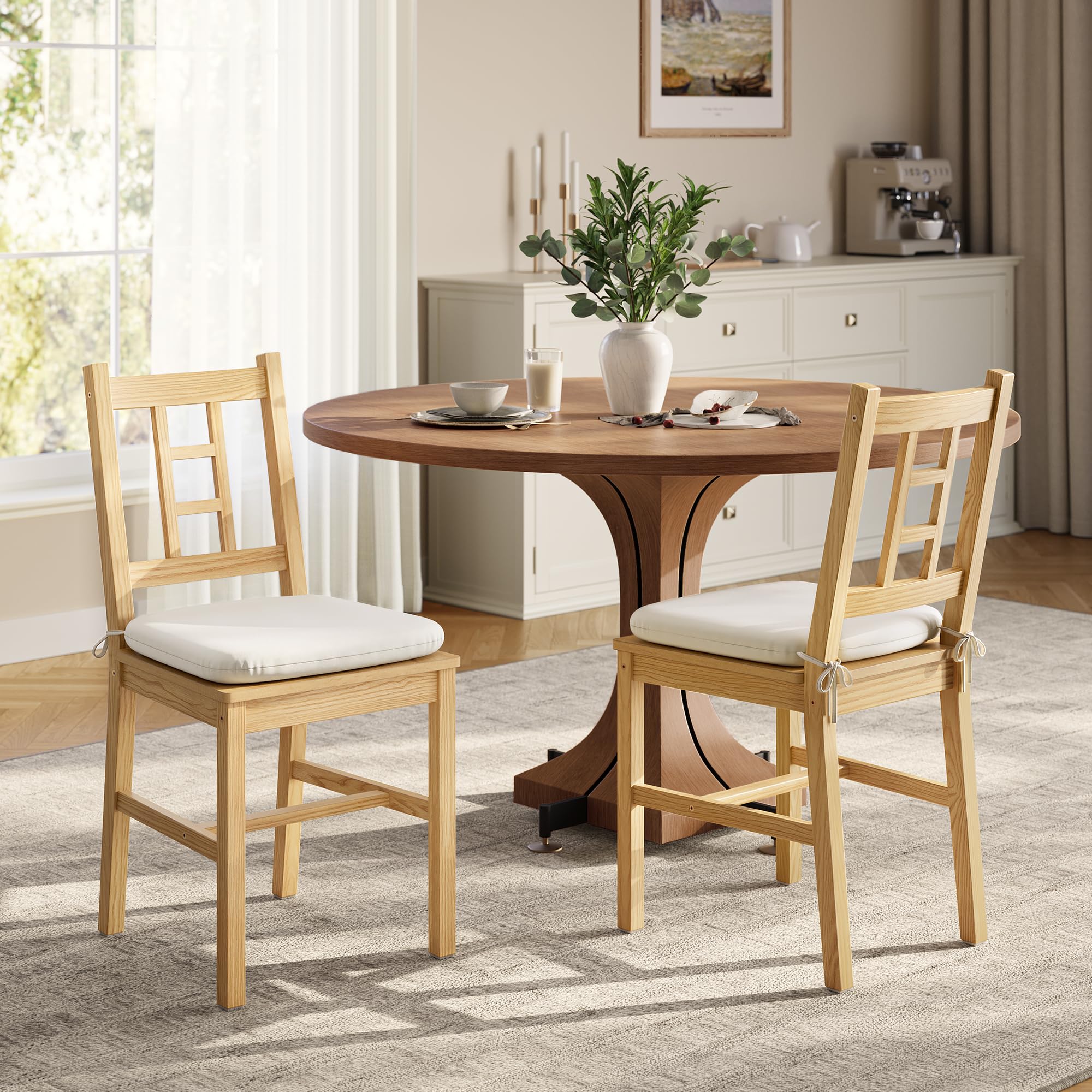 Set of 2 Wooden Dining Chairs, Golden Oak Kitchen Side Chairs with Curved Back & Removable Cushions