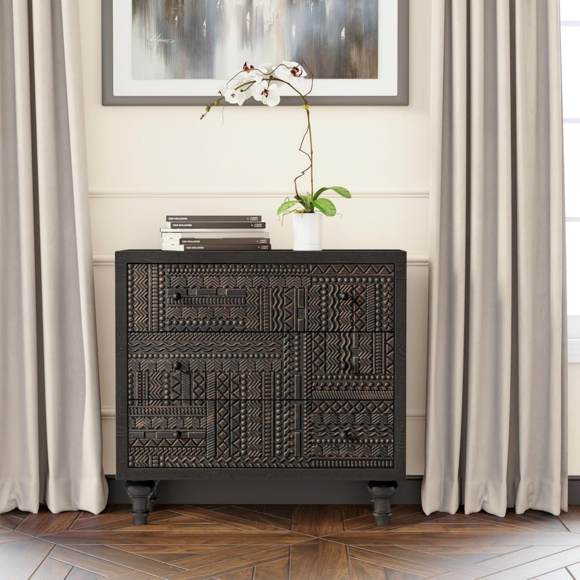 Black 3-Drawer Farmhouse Dresser with Carved Pattern, Mid-Century Modern Boho Nightstand, Fully Assembled