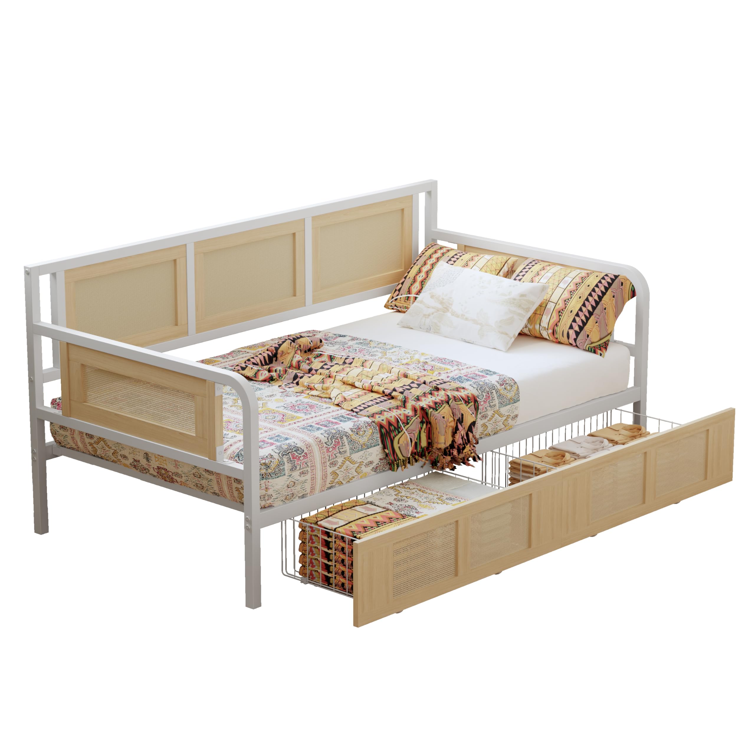 Twin Rattan Daybed – Stylish Corner Day Bed Frame with Storage Drawers for Living Room, Bedroom or Guest Room