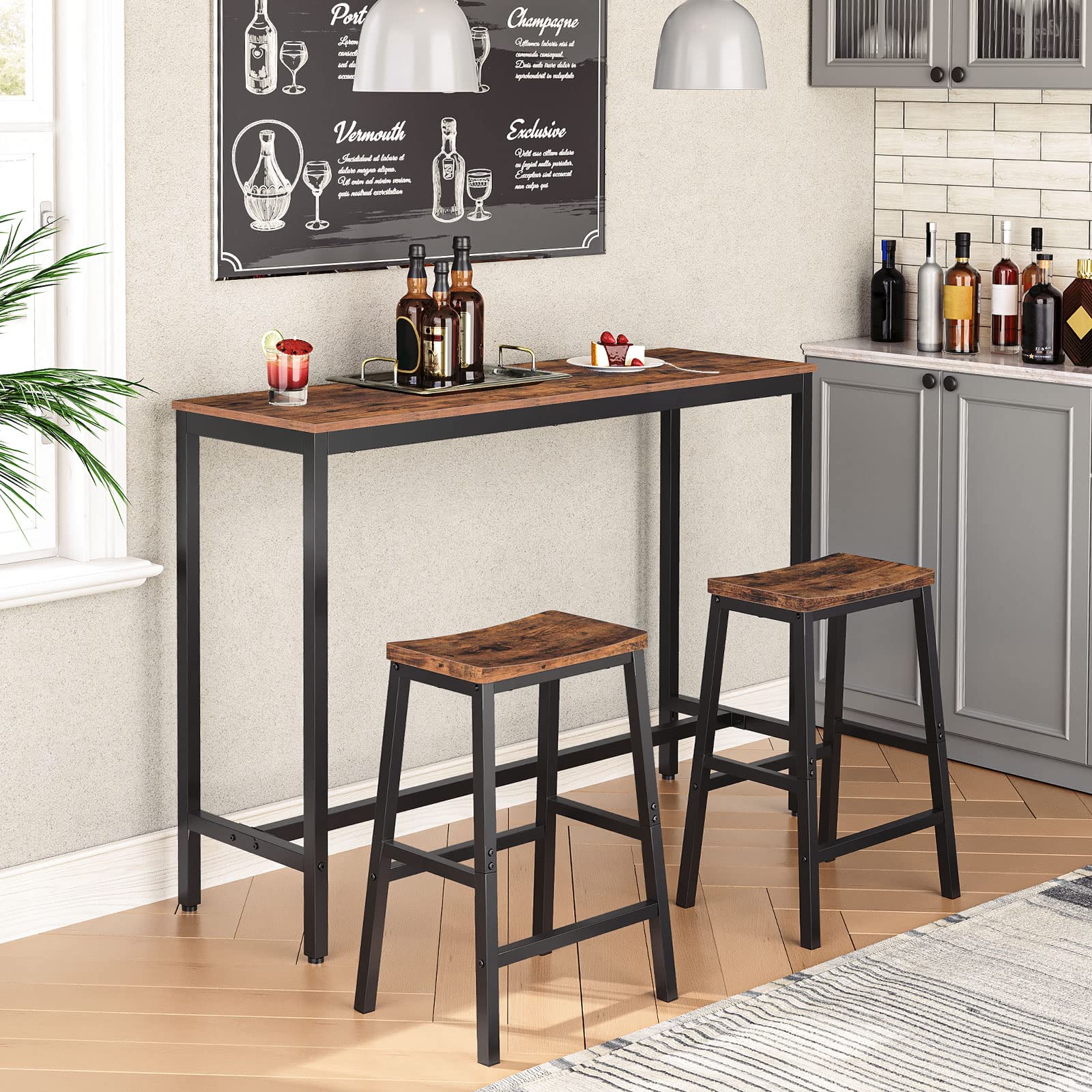 Bar Stools Set of 2, 23.6" Saddle Counter Chairs with Footrest, Rustic Industrial Barstools for Kitchen, Dining Room, Brown/Black