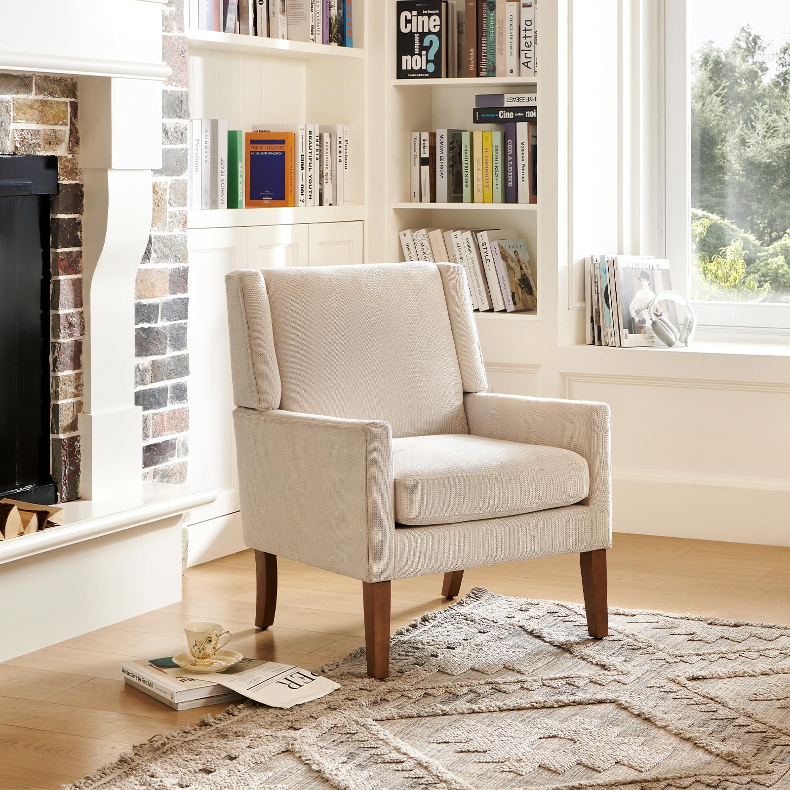 Modern Wingback Accent Chair, Upholstered Fabric Armchair with Lounge Seat & Wood Legs for Living Room, Beige