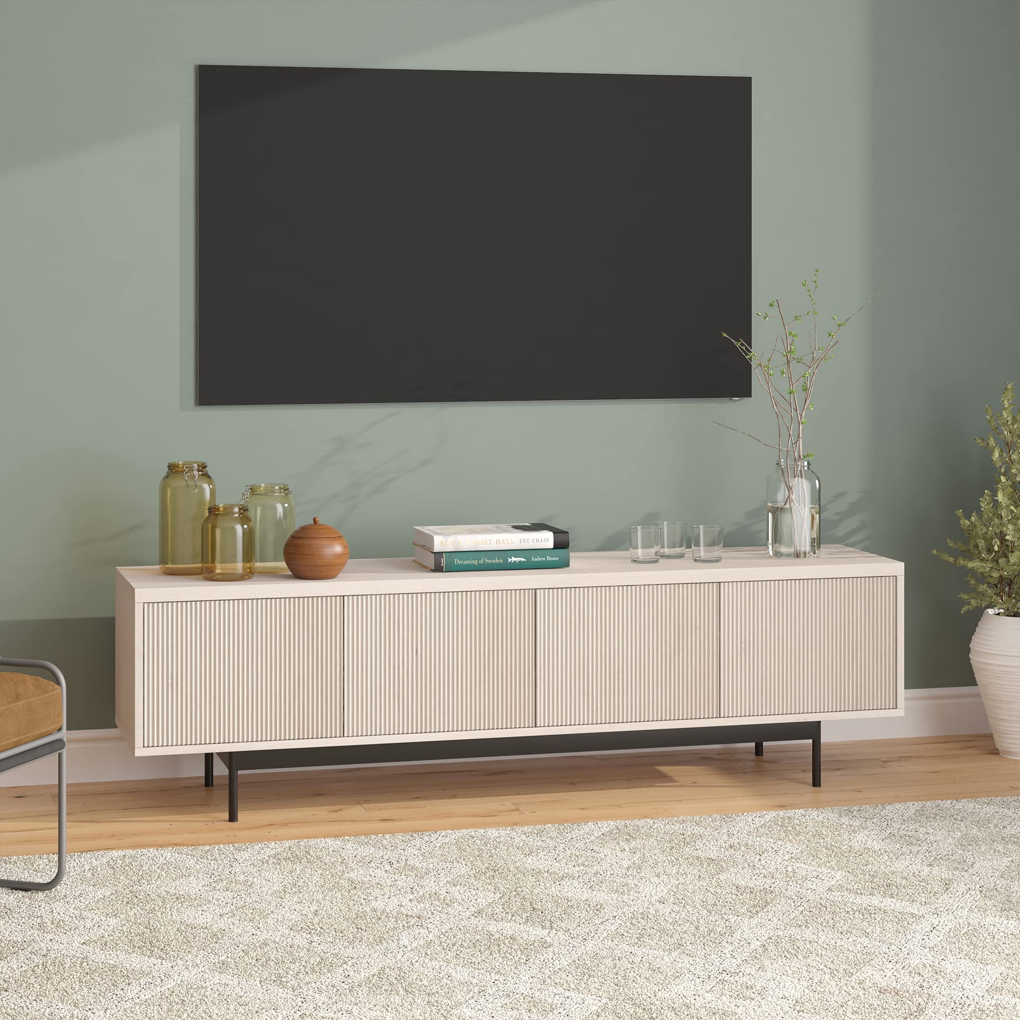 Whitman TV Stand – 70" Wide Entertainment Unit in Elegant Alder White Finish for Modern Living Room Setup