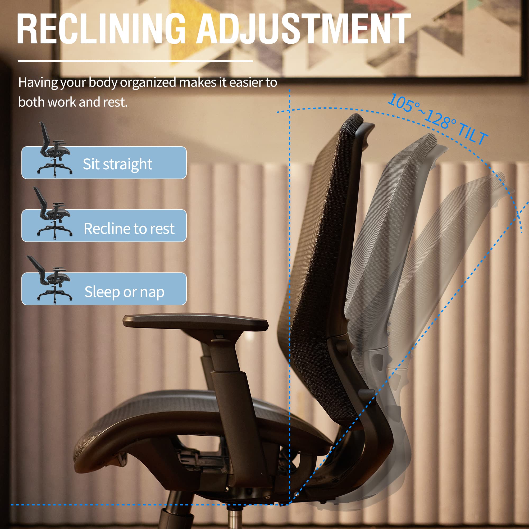 Ergonomic Mesh Office Chair with Lumbar & Armrests, Tilt Function, Wide Seat Swivel Task Chair, Black