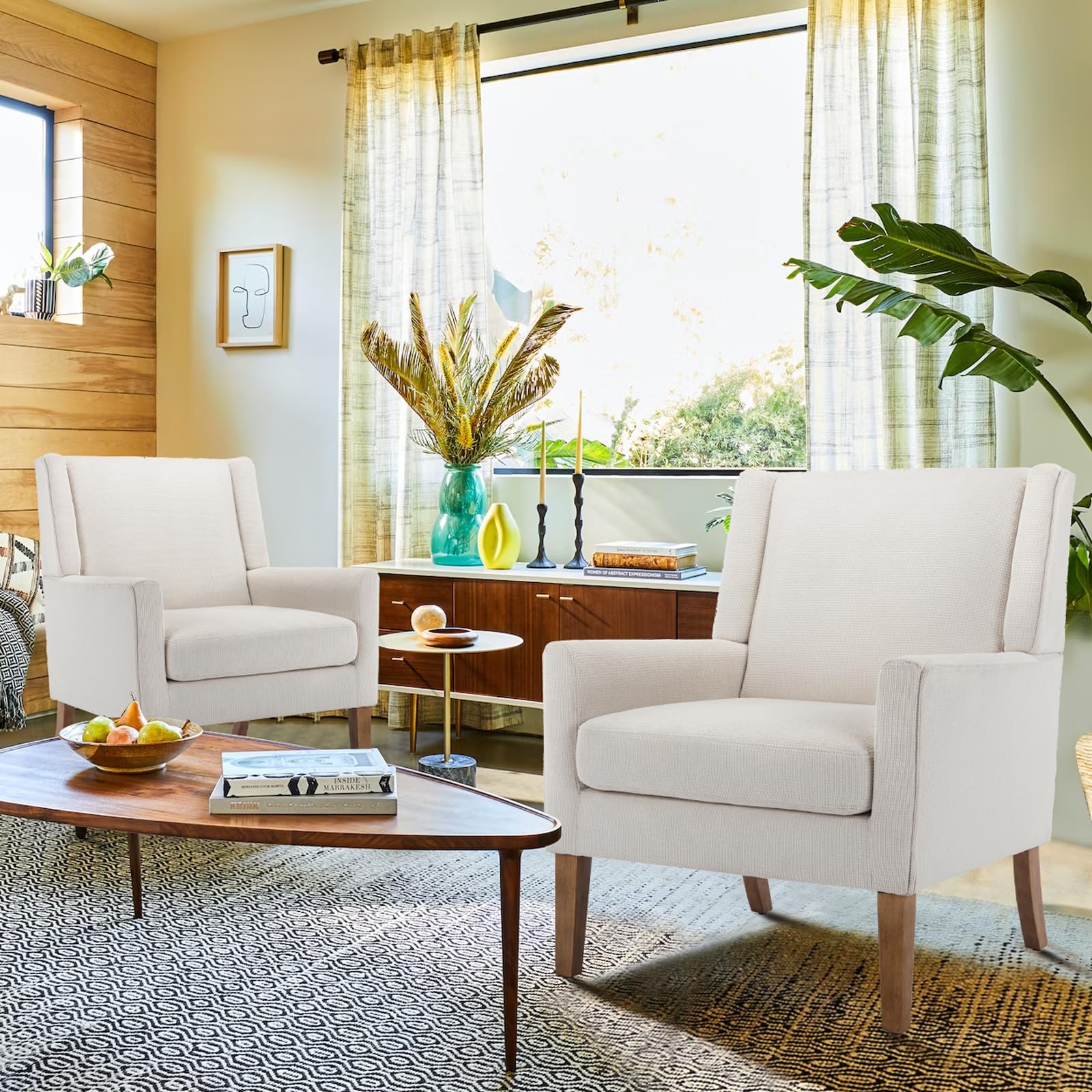 Modern Wingback Accent Chair, Upholstered Fabric Armchair with Lounge Seat & Wood Legs for Living Room, Beige