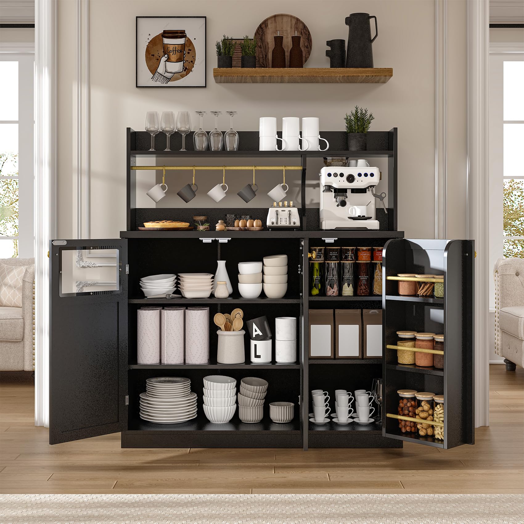 48'' Tall Sideboard Cabinet with 3 Doors & 5-Tier Shelf, Black Coffee Bar Buffet Storage Cabinet with Hooks for Dining