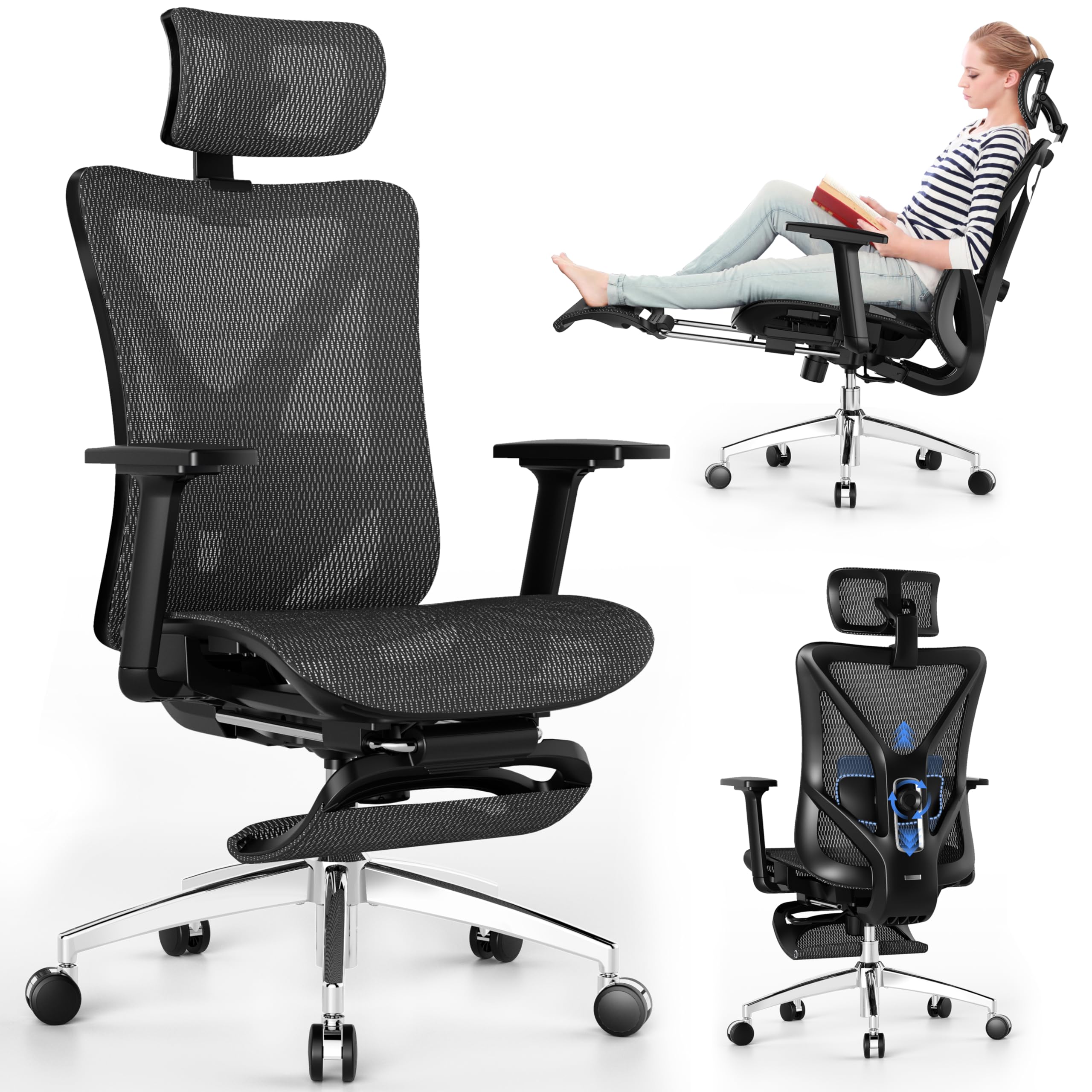 Reclining Ergonomic Office Chair with Footrest, Adjustable Lumbar, 3D Arms & Headrest, 300LBS Swivel Chair
