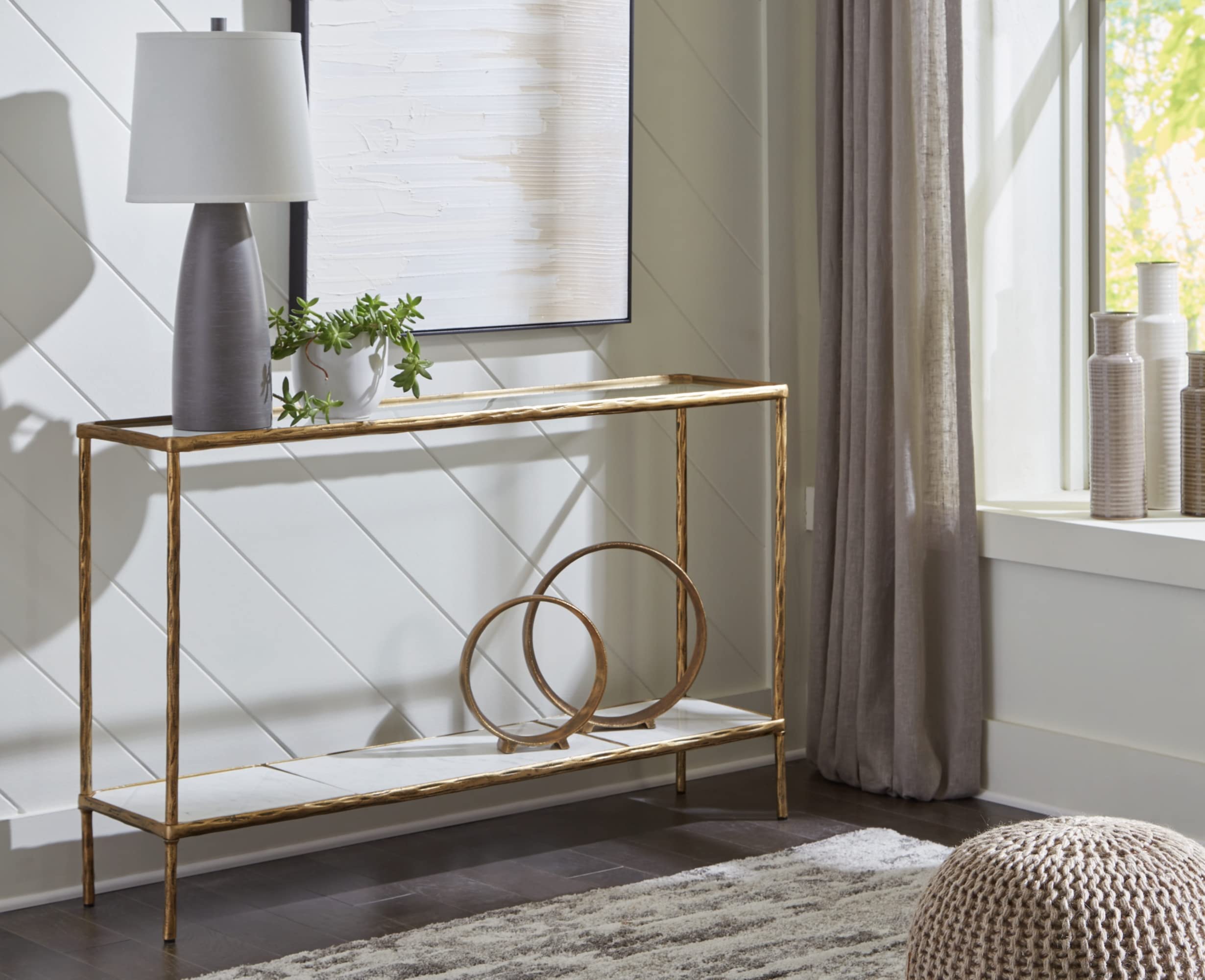 Ryandale Modern Console Sofa Table with Antique Brass Finish, Stylish Entryway Accent Table for Living Room