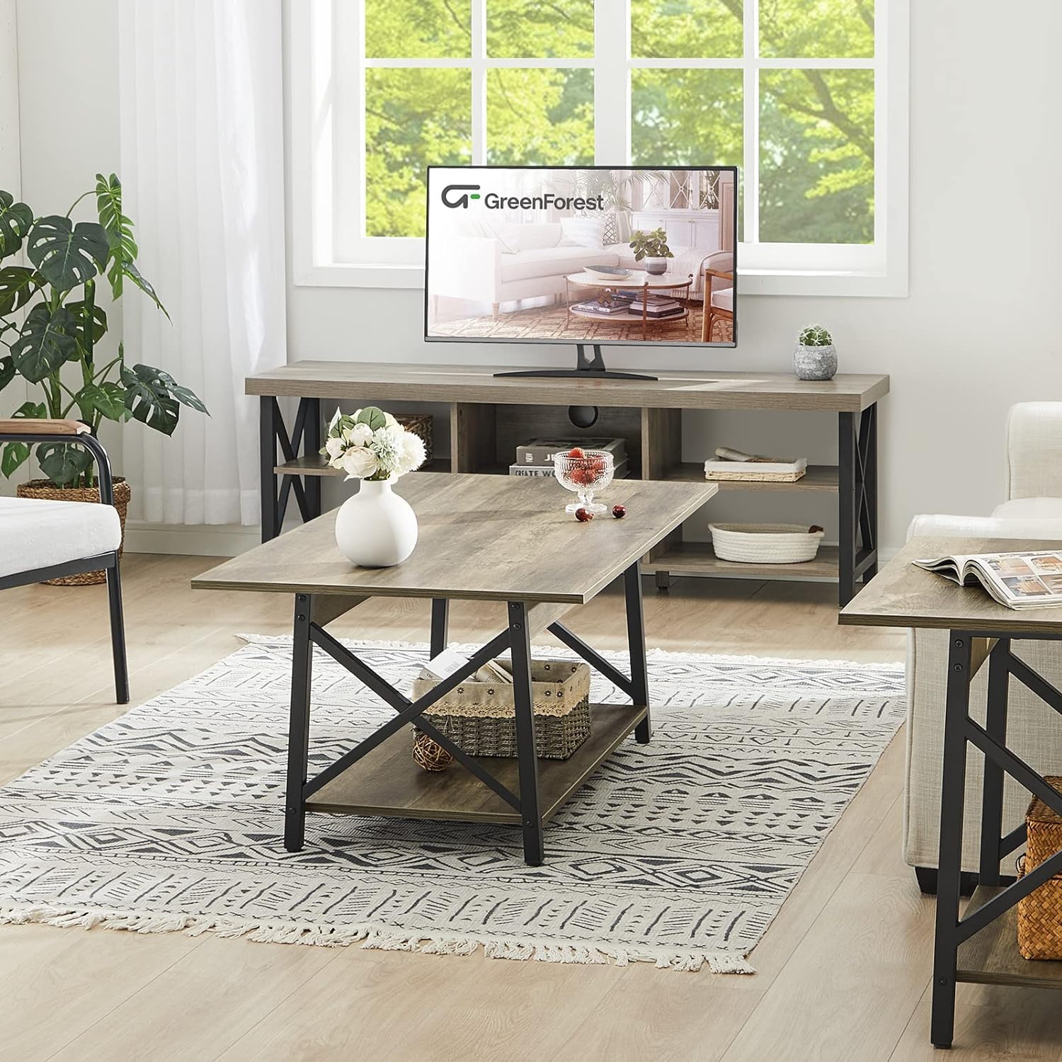 FURNIXI 39" Modern 2-Tier Coffee Table, Grey Wash X-Frame Farmhouse Living Room Table with Storage, Easy Assembly