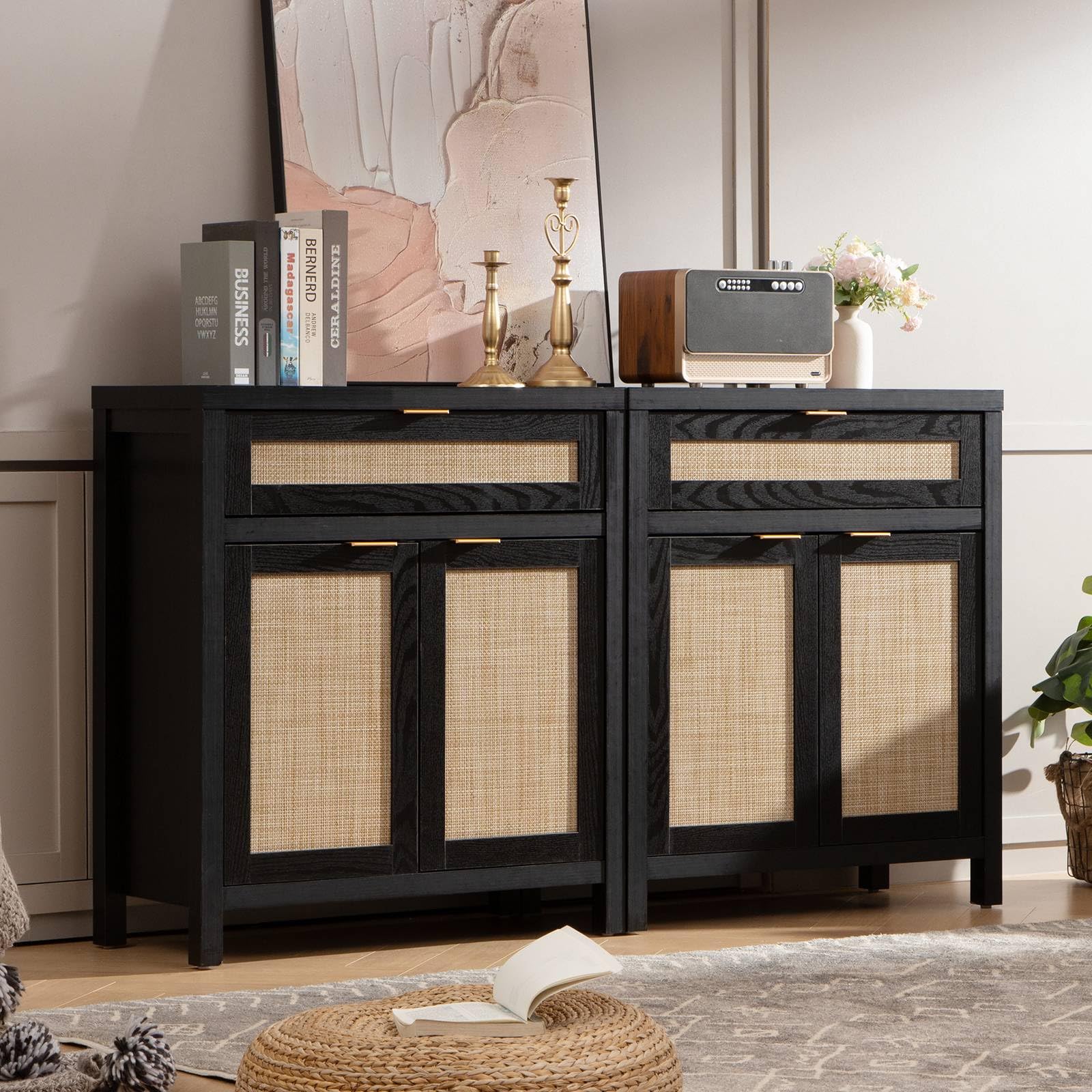 FURNIXI Sideboard Buffet Storage Cabinet Set of 2, Black Rattan Credenza Console with Drawer & Doors, Coffee Bar for Entryway Kitchen