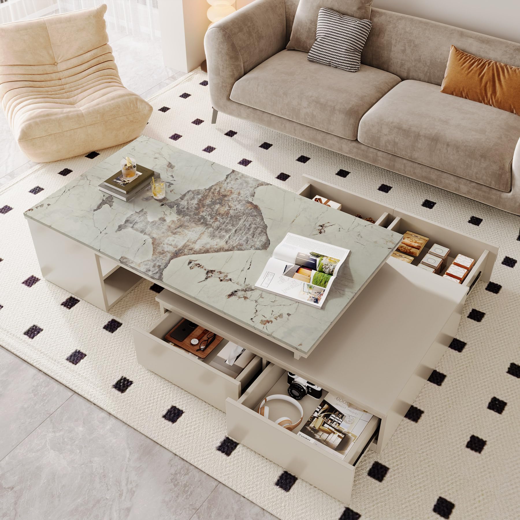 Extendable Coffee Table with Faux Marble Top, 4 Drawers & Storage Shelf, Expands from 51” to 71”