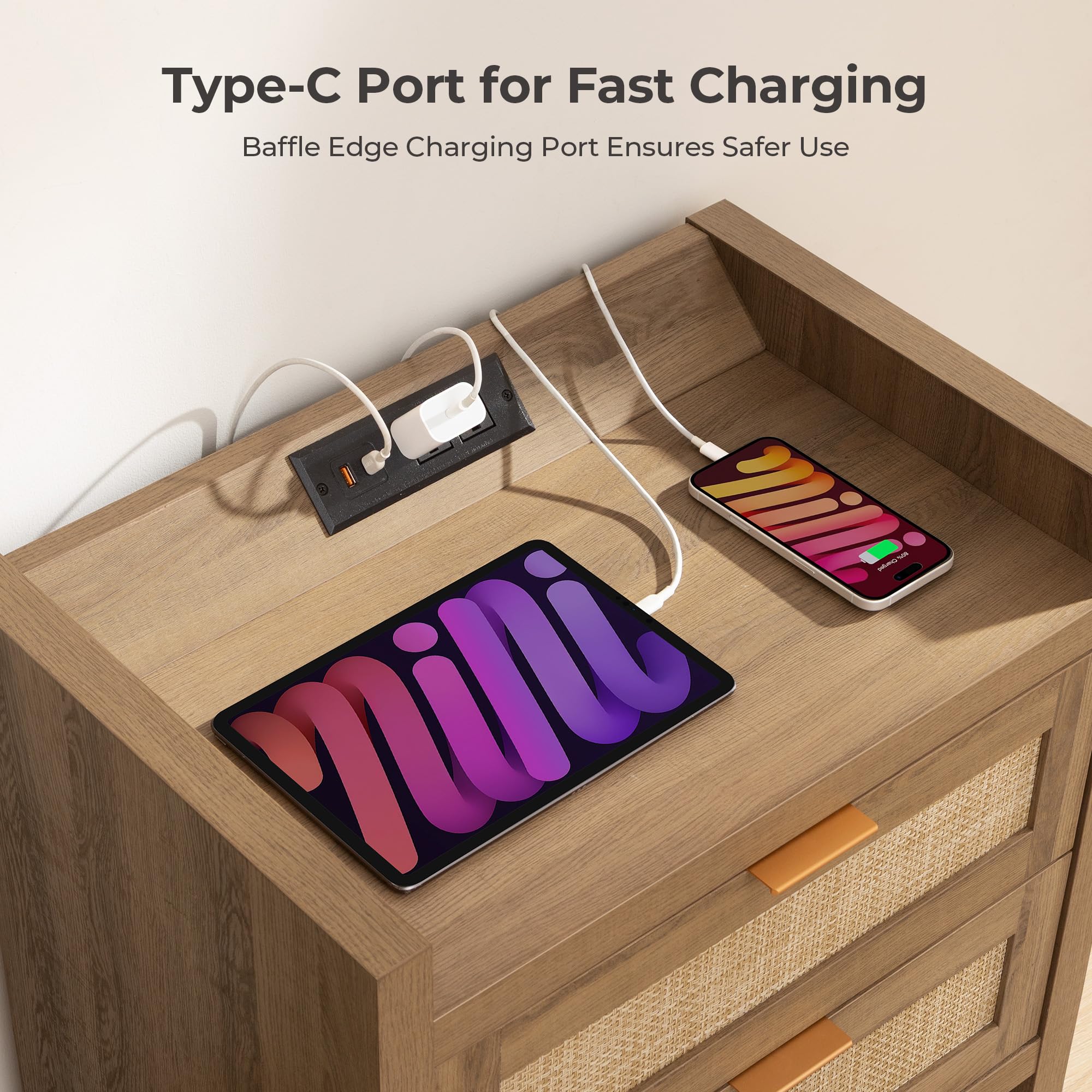 Natural Oak Rattan Nightstand Set of 2, Boho Bedside Tables with Type-C Charging Station & Storage