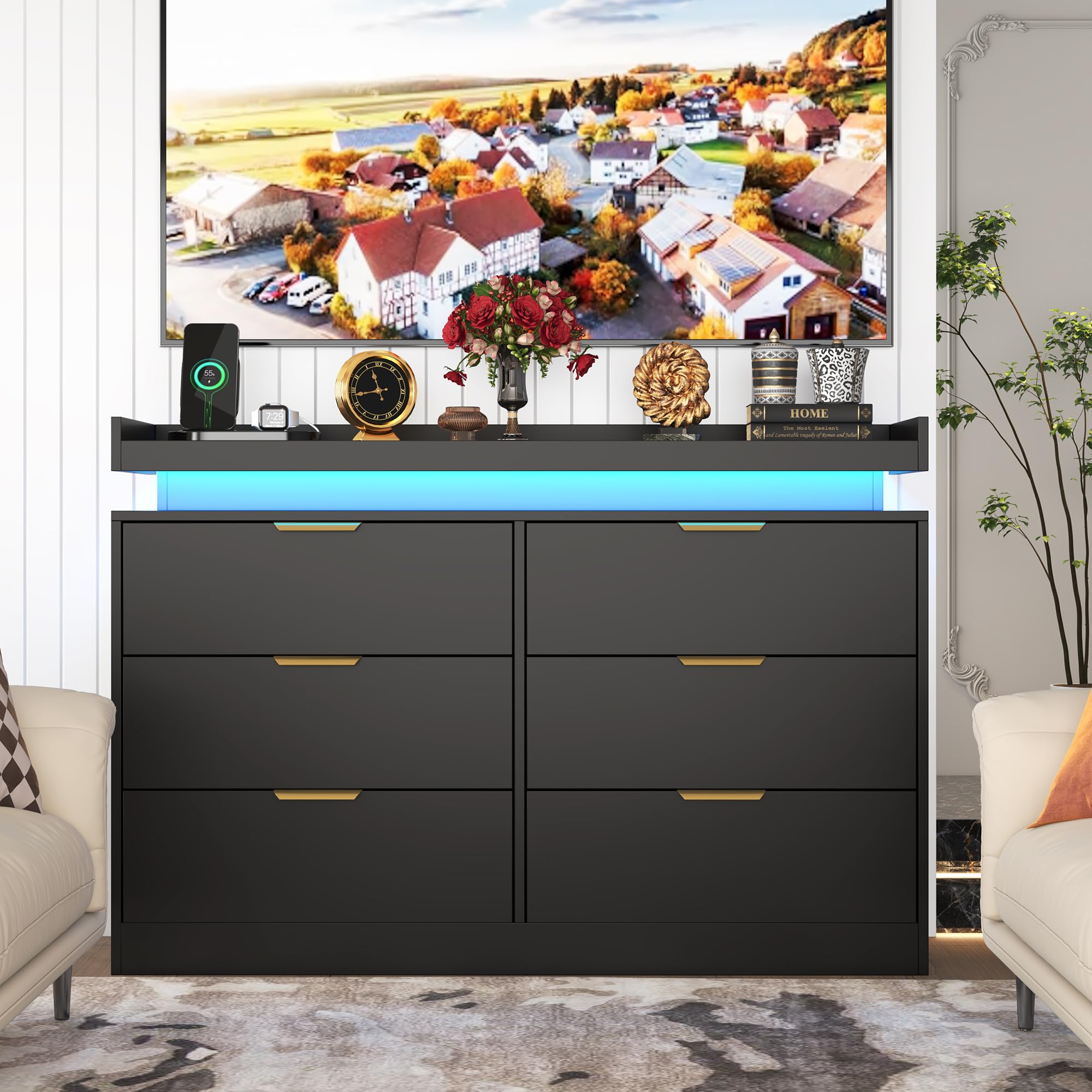 6-Drawer Black Dresser – LED Lights & Power Outlet, Modern Wide Storage Organizer for Bedroom, Entryway or Closet