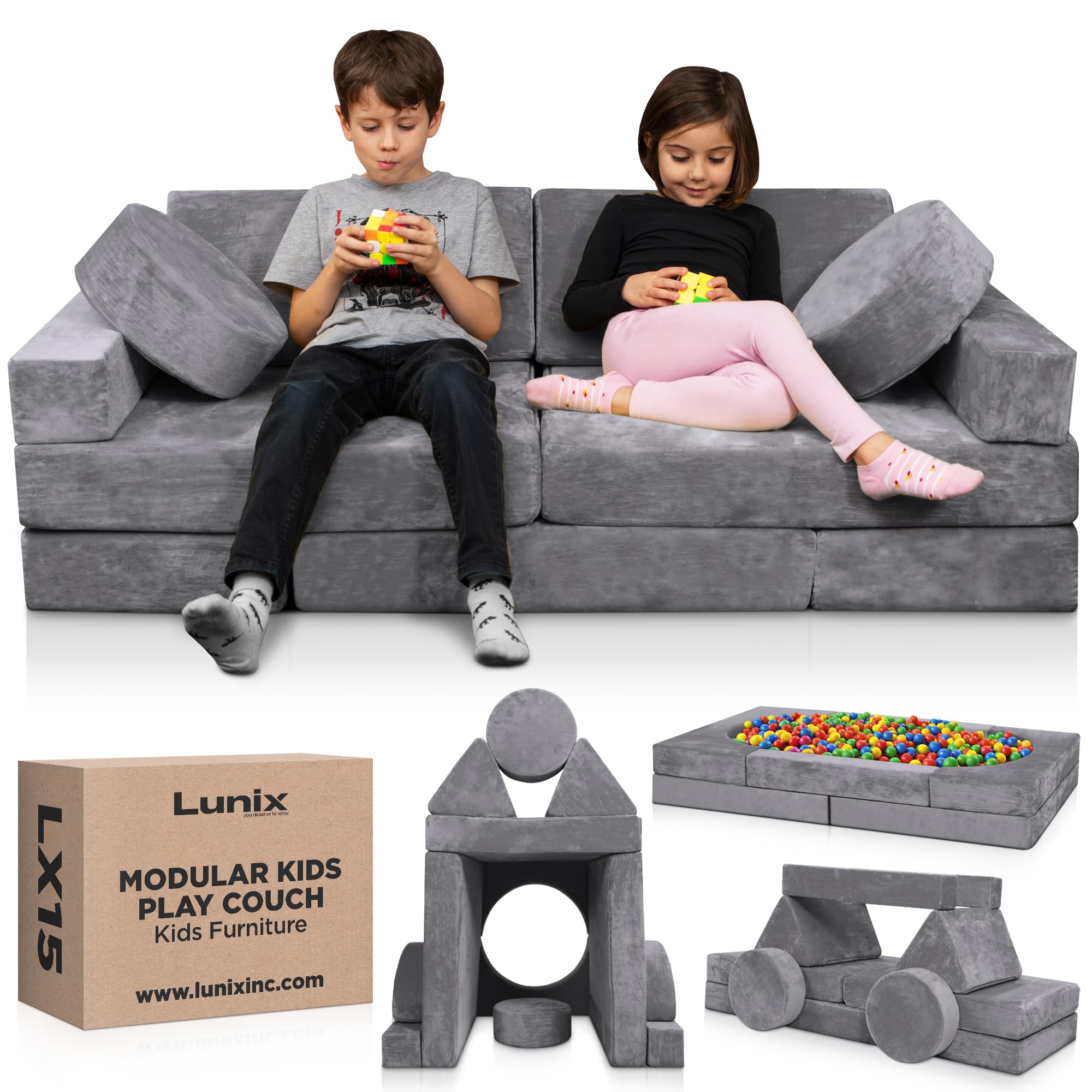 LX15 Modular 14pcs Kids Play Couch, Convertible Foam Sofa Fort for Playroom, Toddler Furniture, Steel Gray