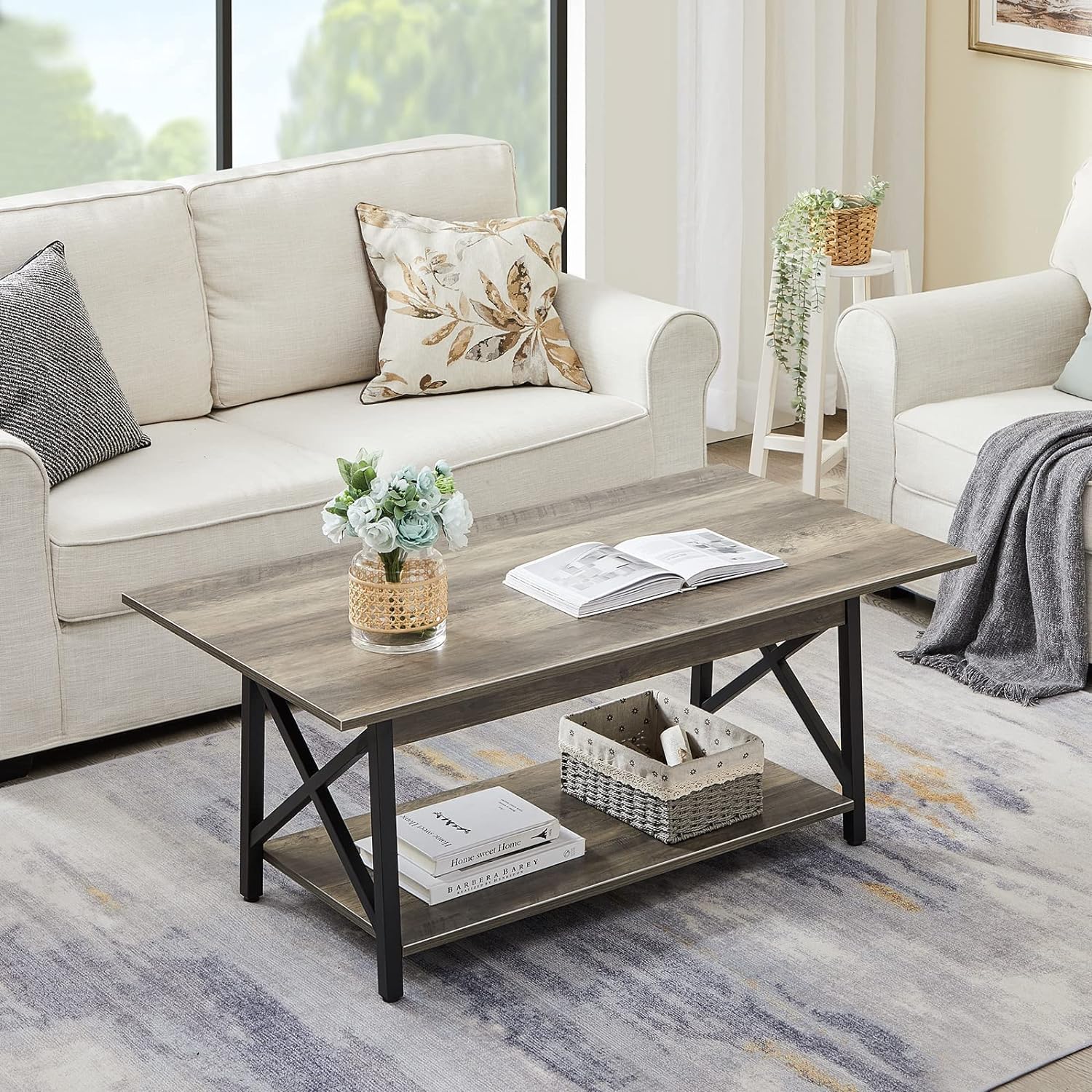 FURNIXI 39" Modern 2-Tier Coffee Table, Grey Wash X-Frame Farmhouse Living Room Table with Storage, Easy Assembly