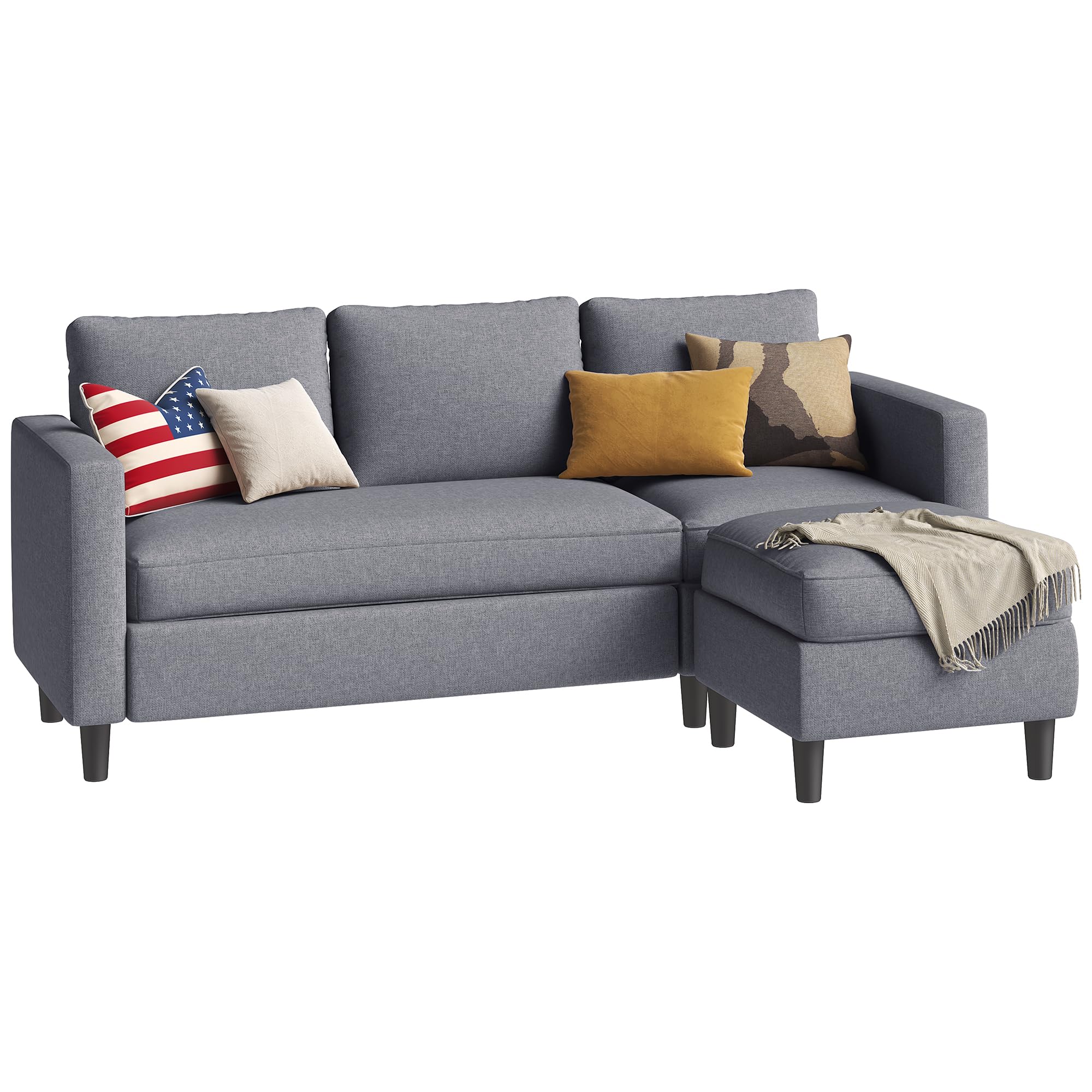 Small Dark Grey Sectional Sofa with Ottoman, Fabric Upholstered 3-Seater Convertible Couch for Apartment, Office