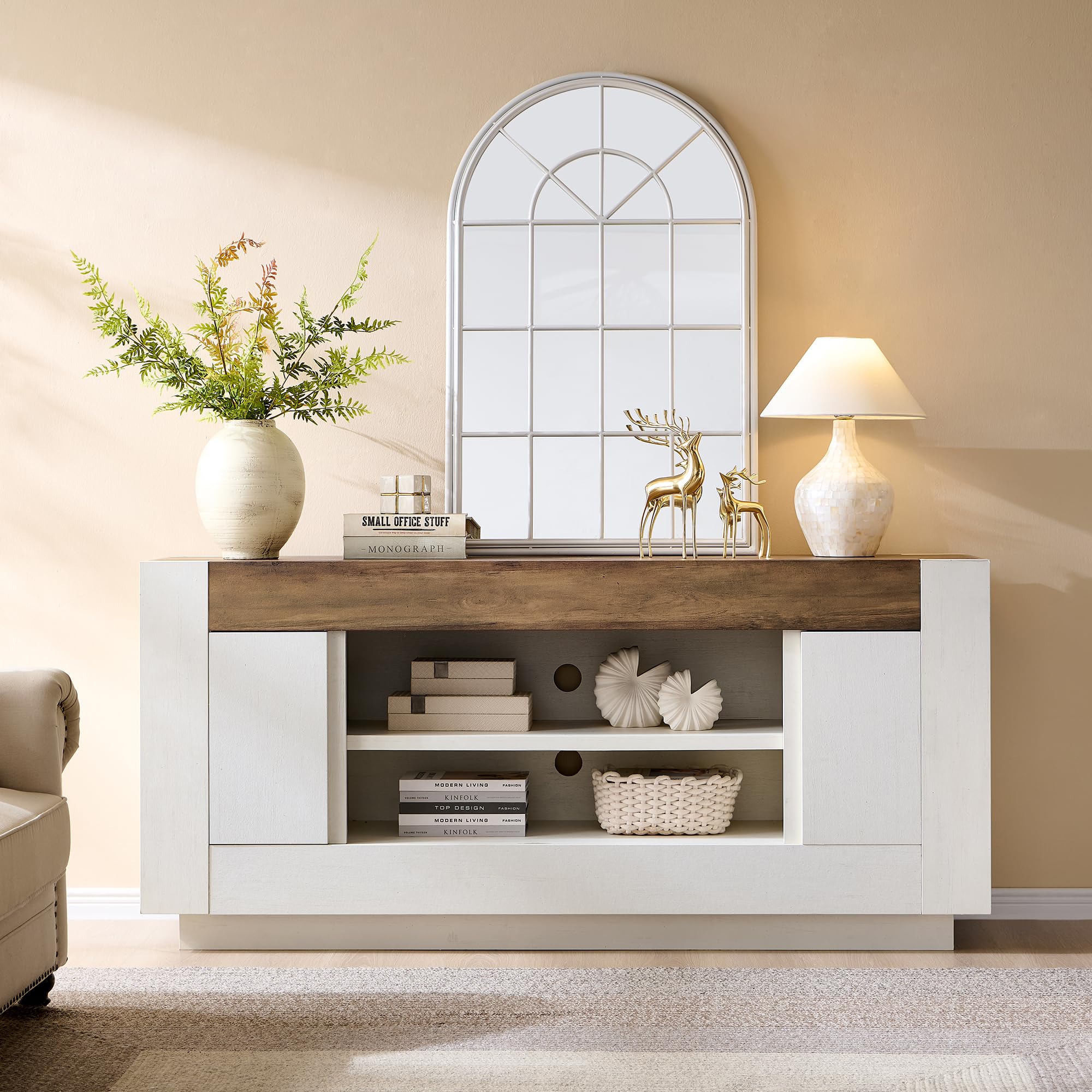 70" Modern Entertainment Console – Antique White TV Stand with Open Storage & Cabinets for Living Room or Bedroom