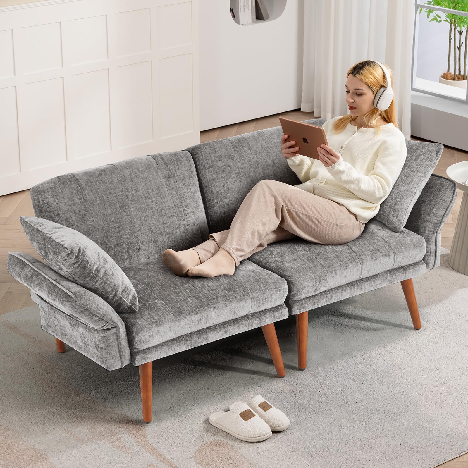 60.2" Modern Loveseat Sofa – Grey Chenille Upholstered 2-Seater Couch for Bedroom, Office or Living Room