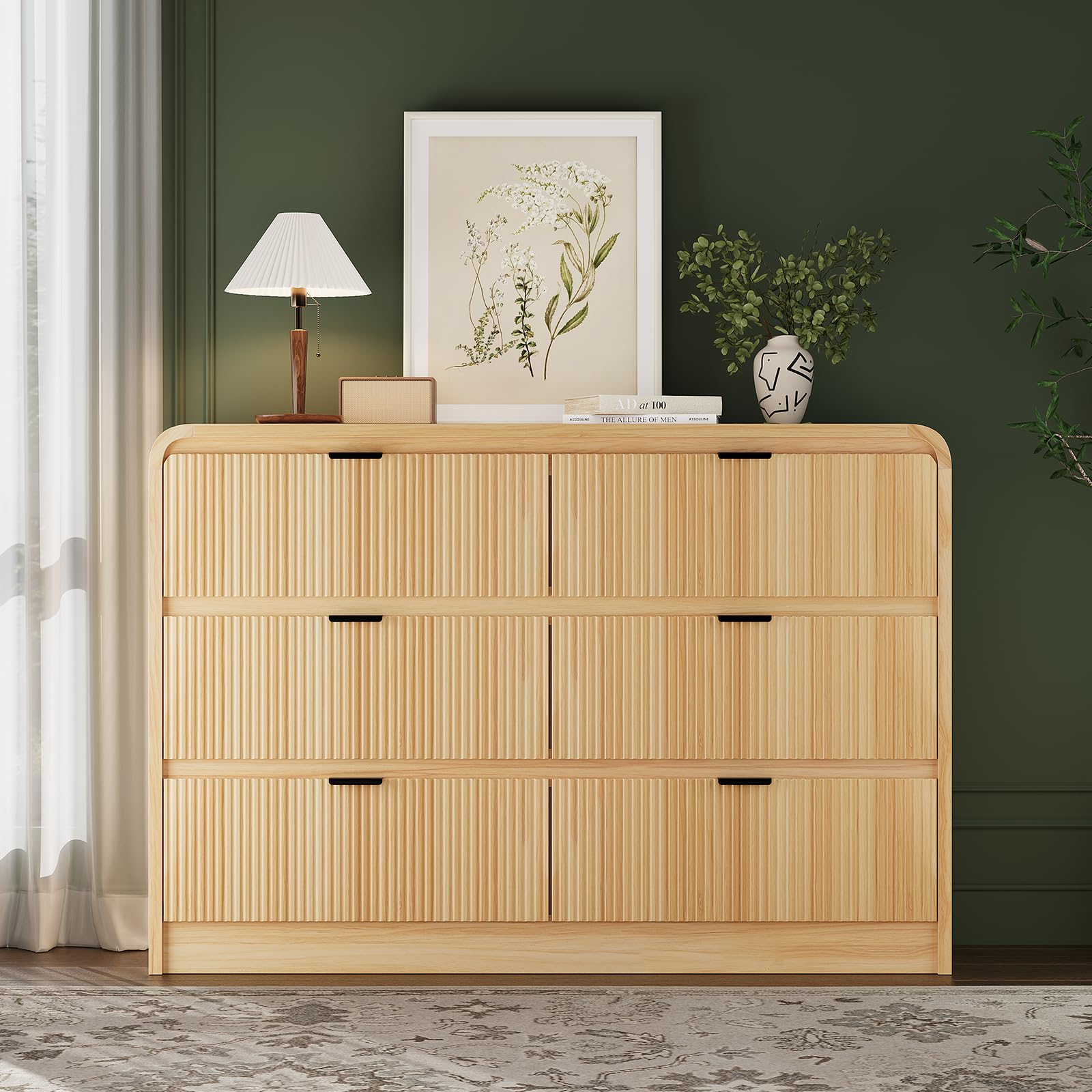 Fluted 6-Drawer Dresser – 54" Wide Oak Storage Chest with Curved Design & Metal Handles for Bedroom or Hallway