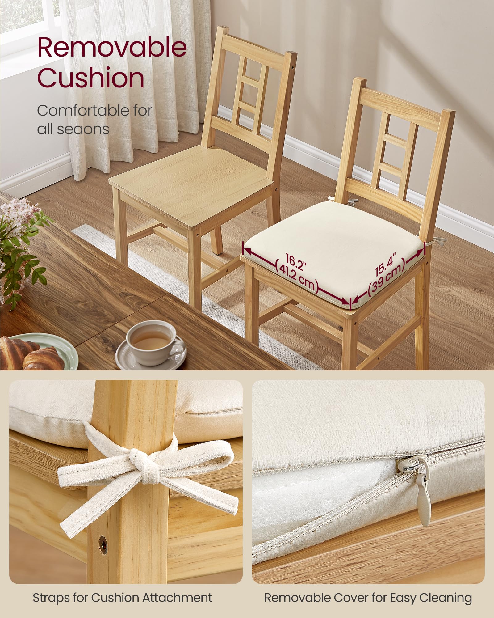 Set of 2 Wooden Dining Chairs, Golden Oak Kitchen Side Chairs with Curved Back & Removable Cushions