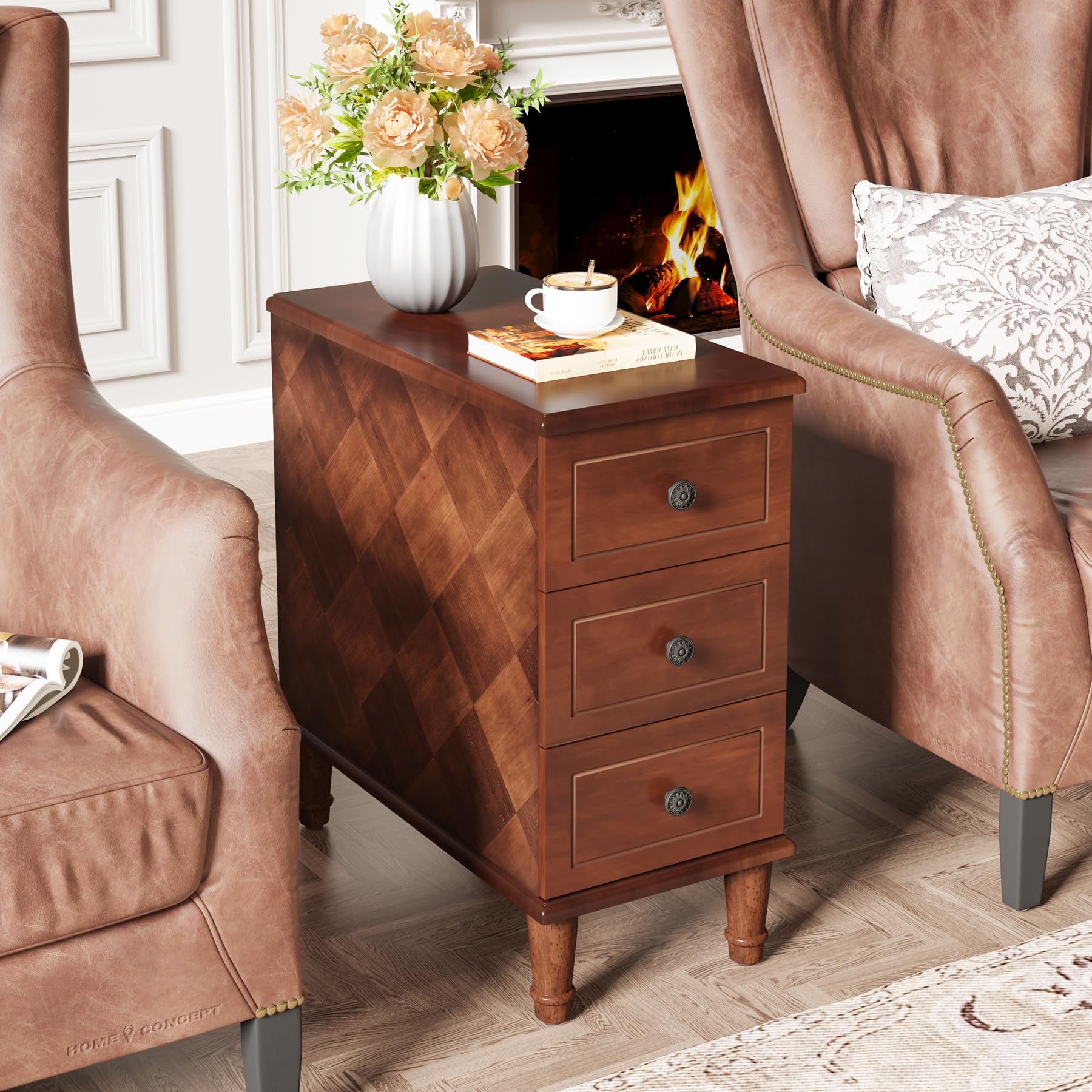 Solid Wood Narrow End Table with Drawers, Pre-Assembled Slim Side Table for Small Living Spaces