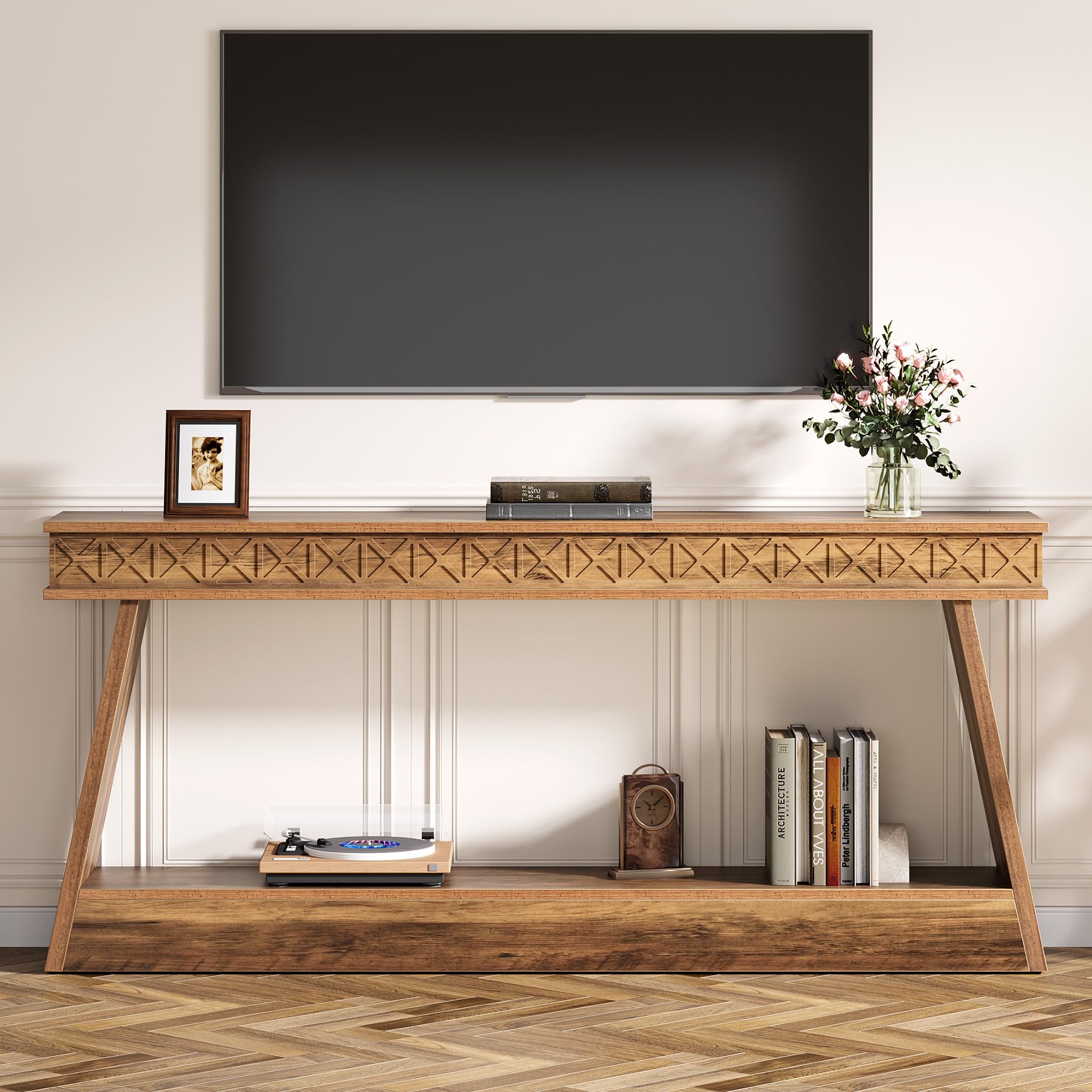 71" Extra Long Farmhouse Console Table, 2-Tier Wooden Sofa Table Behind Couch with Storage, Rustic Brown