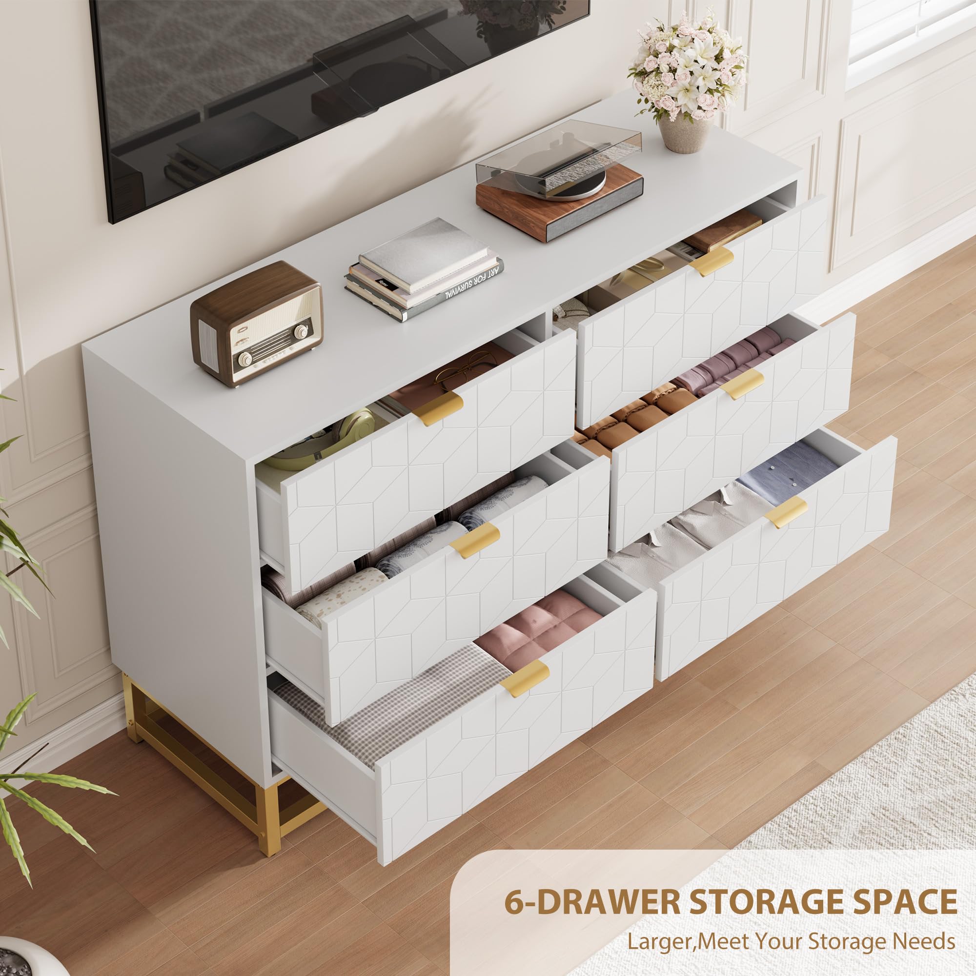 White 6-Drawer Dresser – Modern Double Chest with Gold Handles, Long Organizer for Living Room, Closet or Entryway