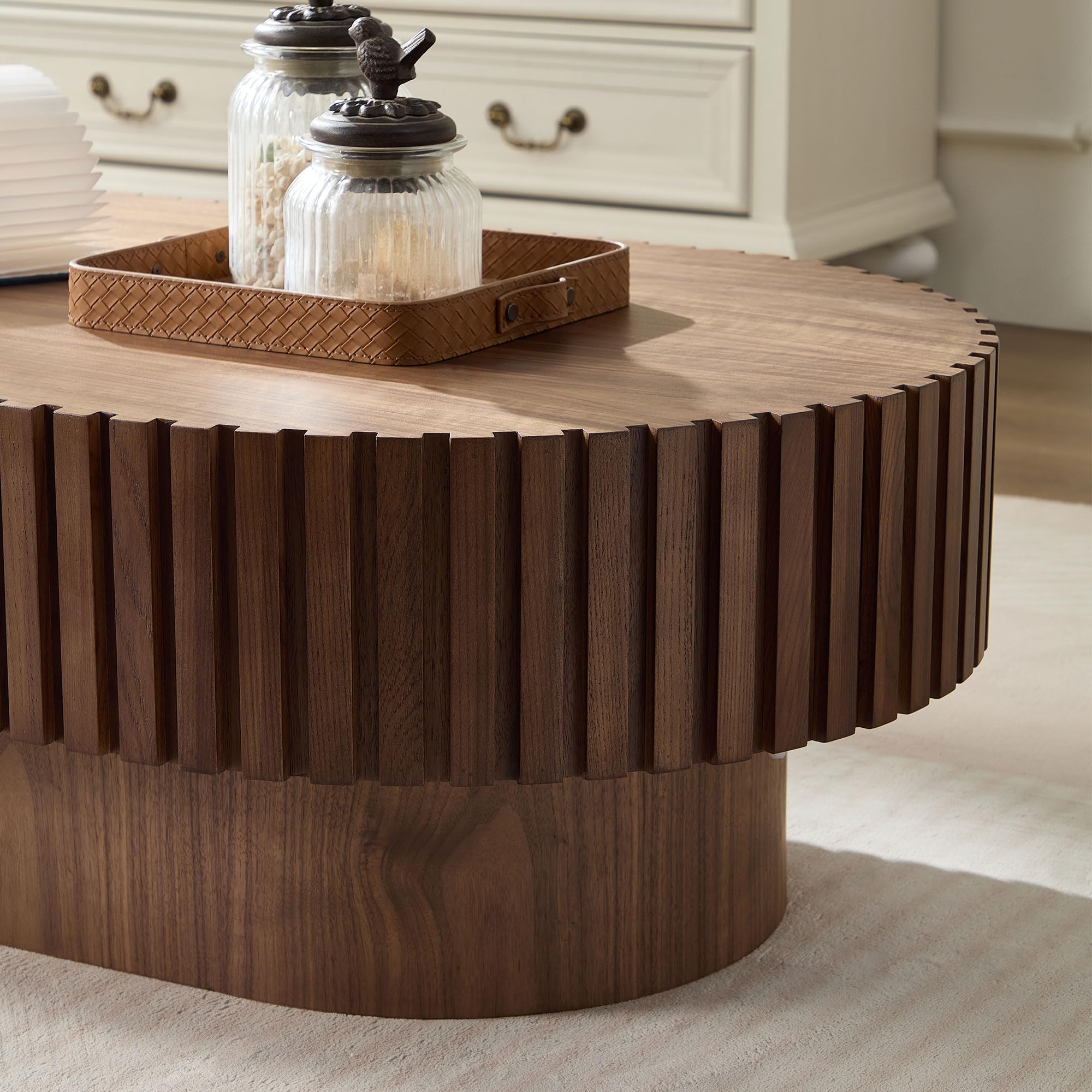 FURNIXI Oval Coffee Table for Living Room, 43.7" Fluted Pedestal Centre Table, Handcrafted Modern Tea Table in Walnut Finish