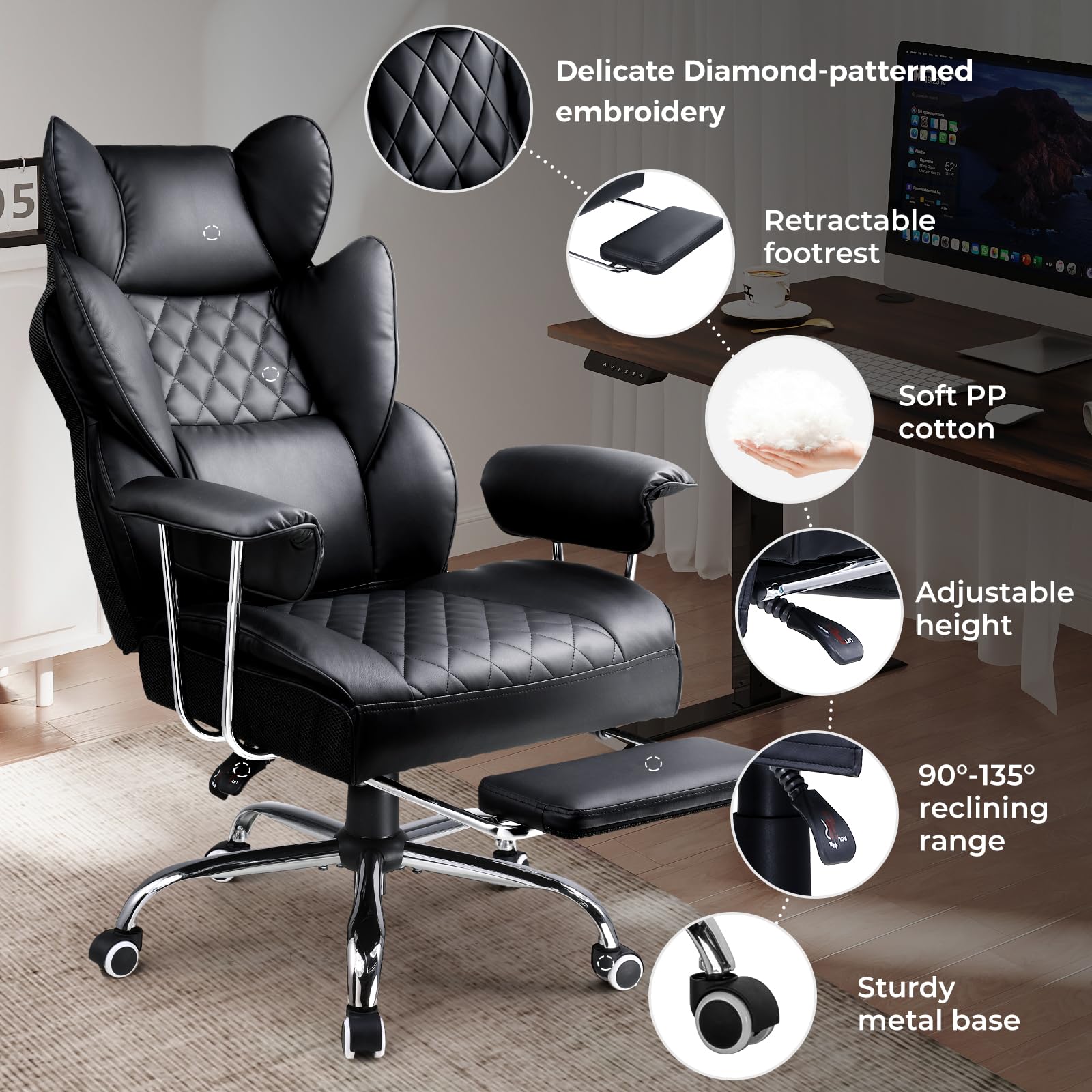 Big & Tall Gaming Office Chair, High Back Leather Chair with Footrest & Pocket Spring Lumbar, Soft Armrests