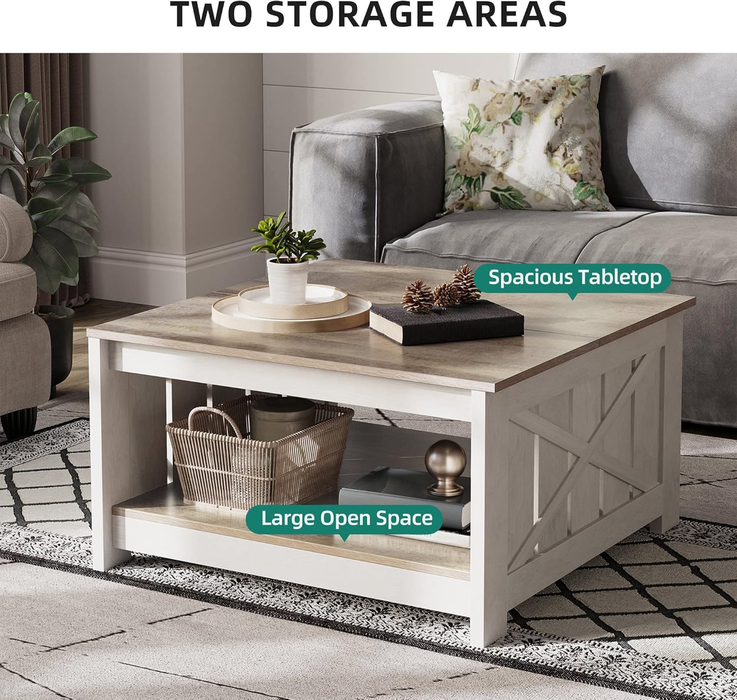 Farmhouse Square Coffee Table with Half Open Storage, Rustic Grey Wash Wood Living Room or Meeting Table