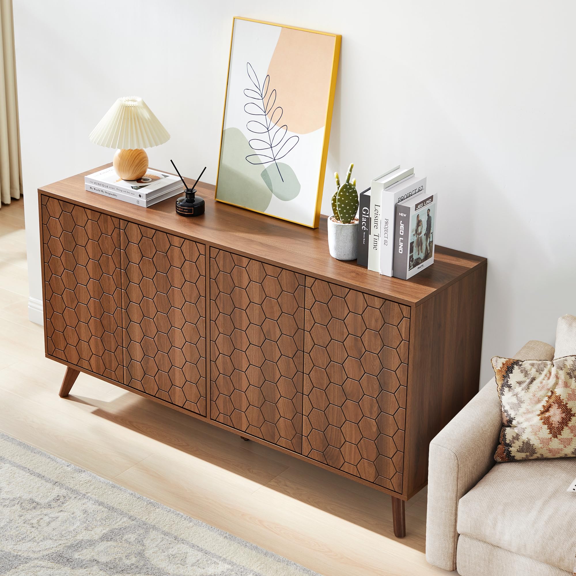 FURNIXI 58'' Large Mid-Century Sideboard Buffet Cabinet, Wooden Credenza with 4 Doors & Shelves, TV Stand Coffee Bar Console