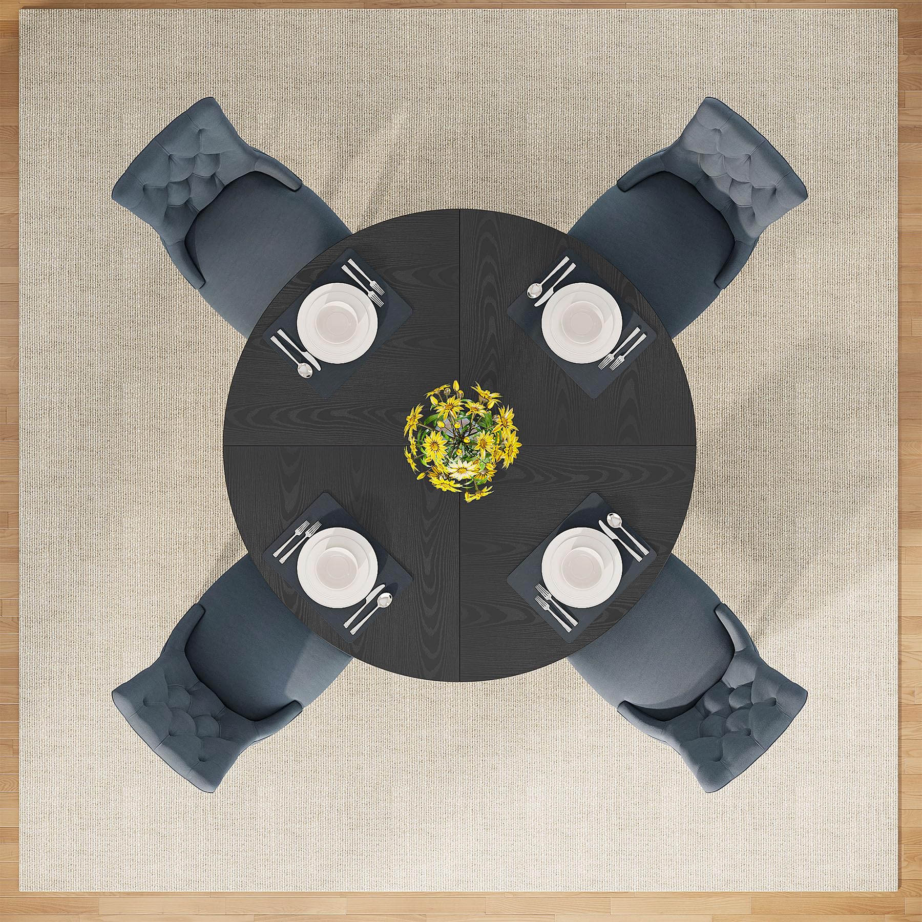 47" Round Wood Dining Table, Farmhouse Pedestal Table for 4, Black Base Kitchen Table for Dining Room