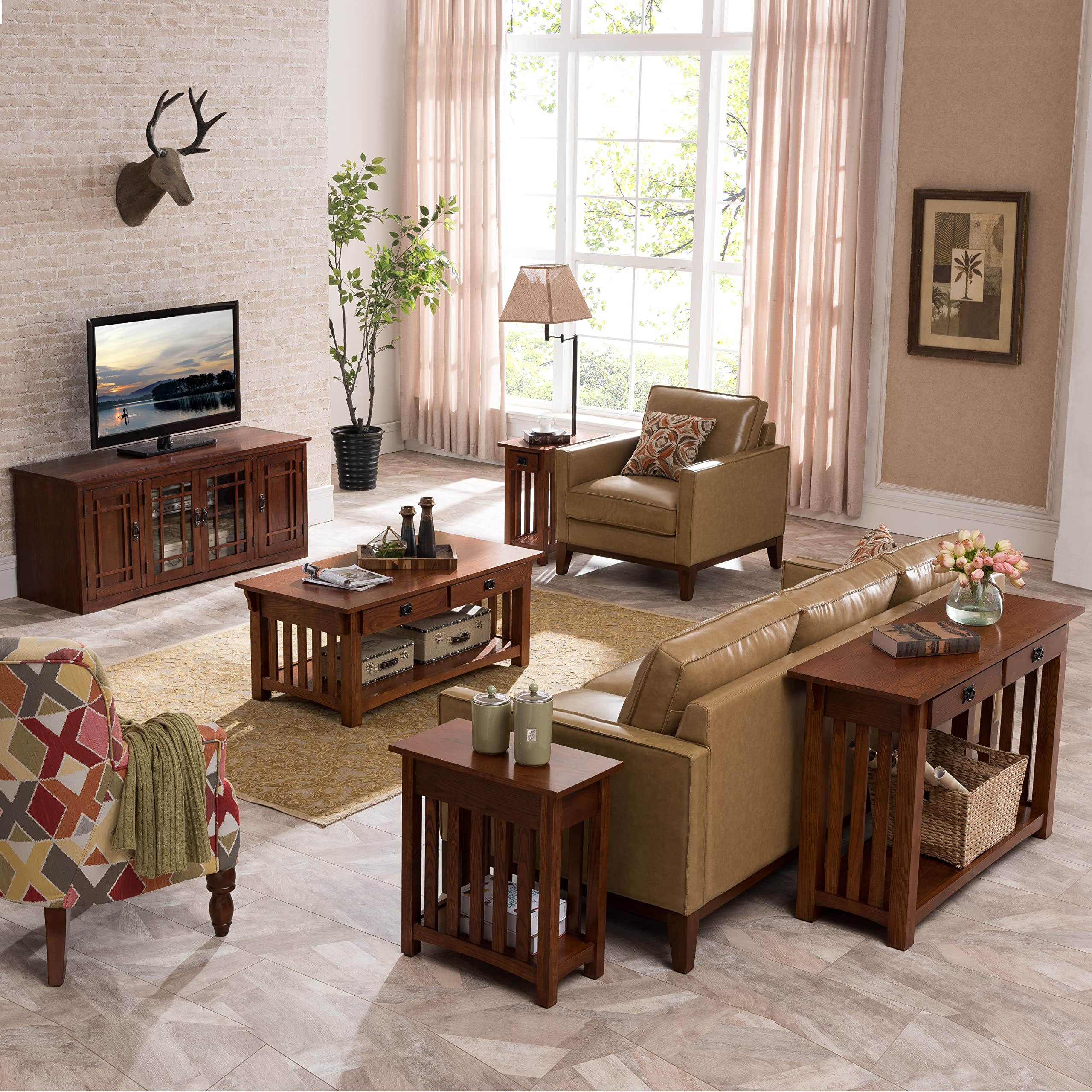 Medium Oak Mission End Table, Narrow Wood Side Table with Drawer and Shelf, Easy Assembly