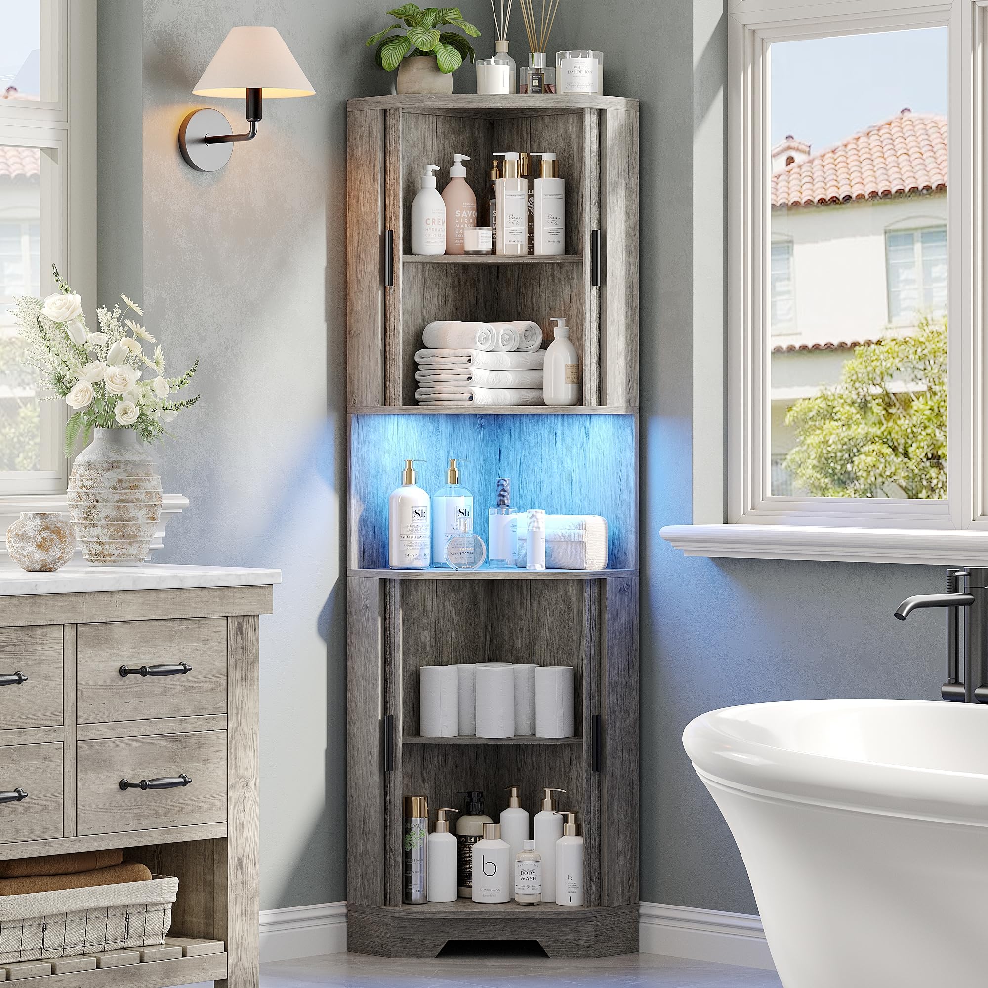 65" Farmhouse Tall Corner Cabinet with Tambour Sliding Doors, 5 Shelves & LED Light, Space Saver for Kitchen or Laundry