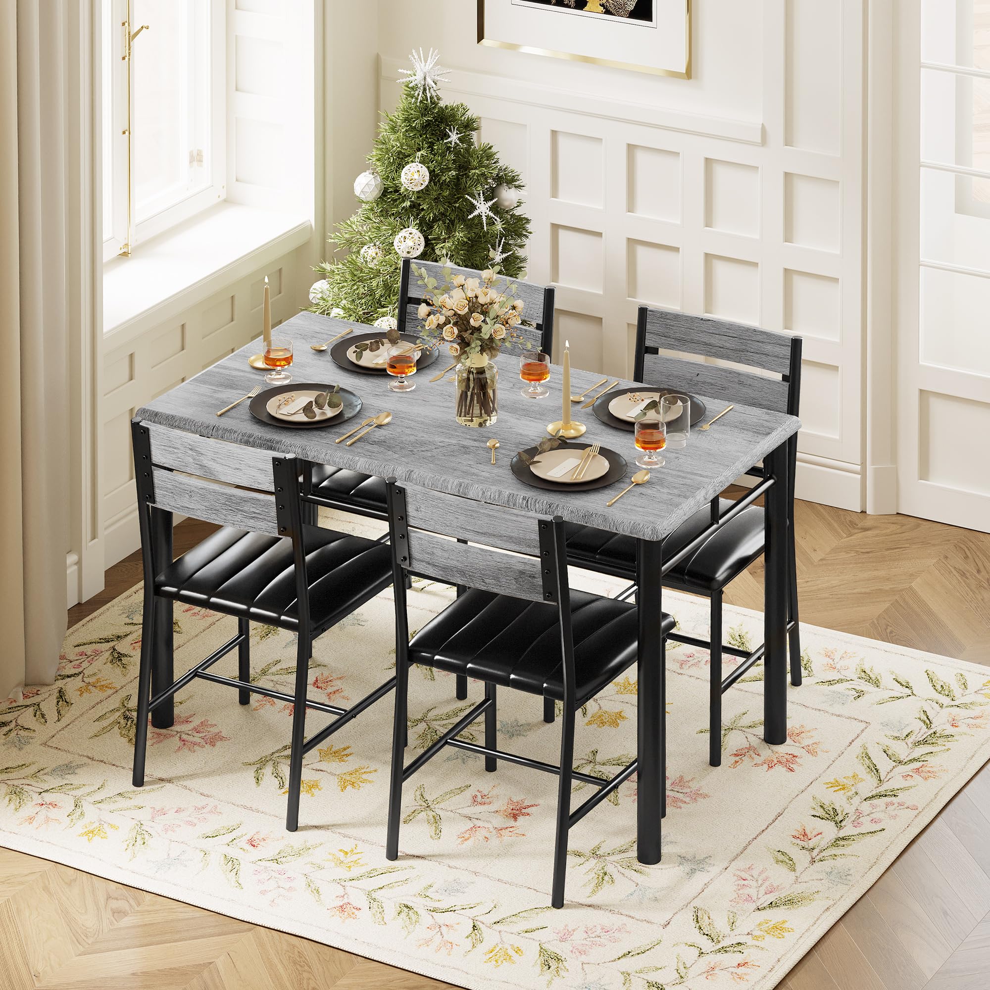 Dining Table Set for 4, Grey Upholstered Chairs with Wood Kitchen Table for Small Dining Room Spaces