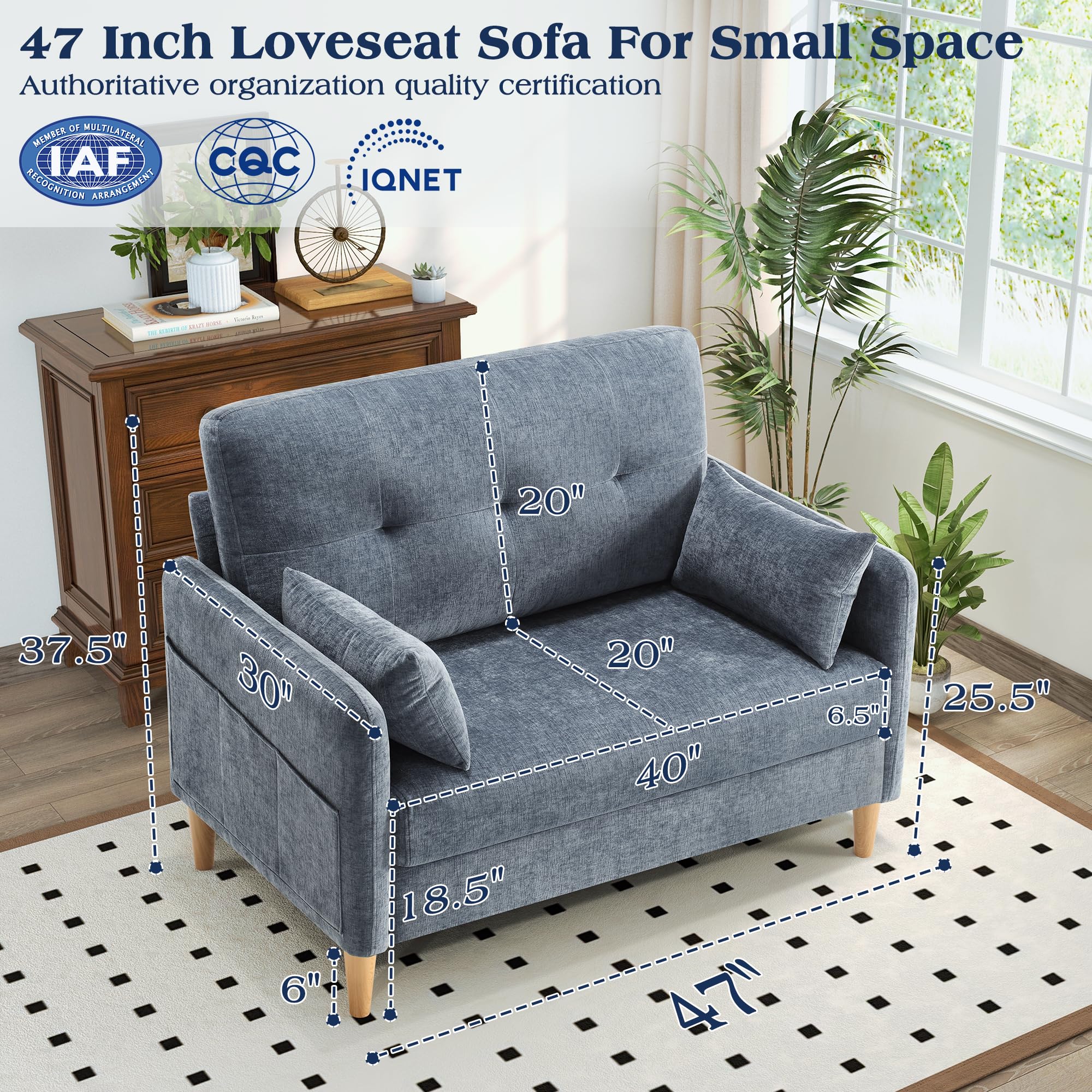 47" Loveseat Sofa – Small Chenille Couch with Removable Cushion Cover & Throw Pillow for Bedroom or Apartment