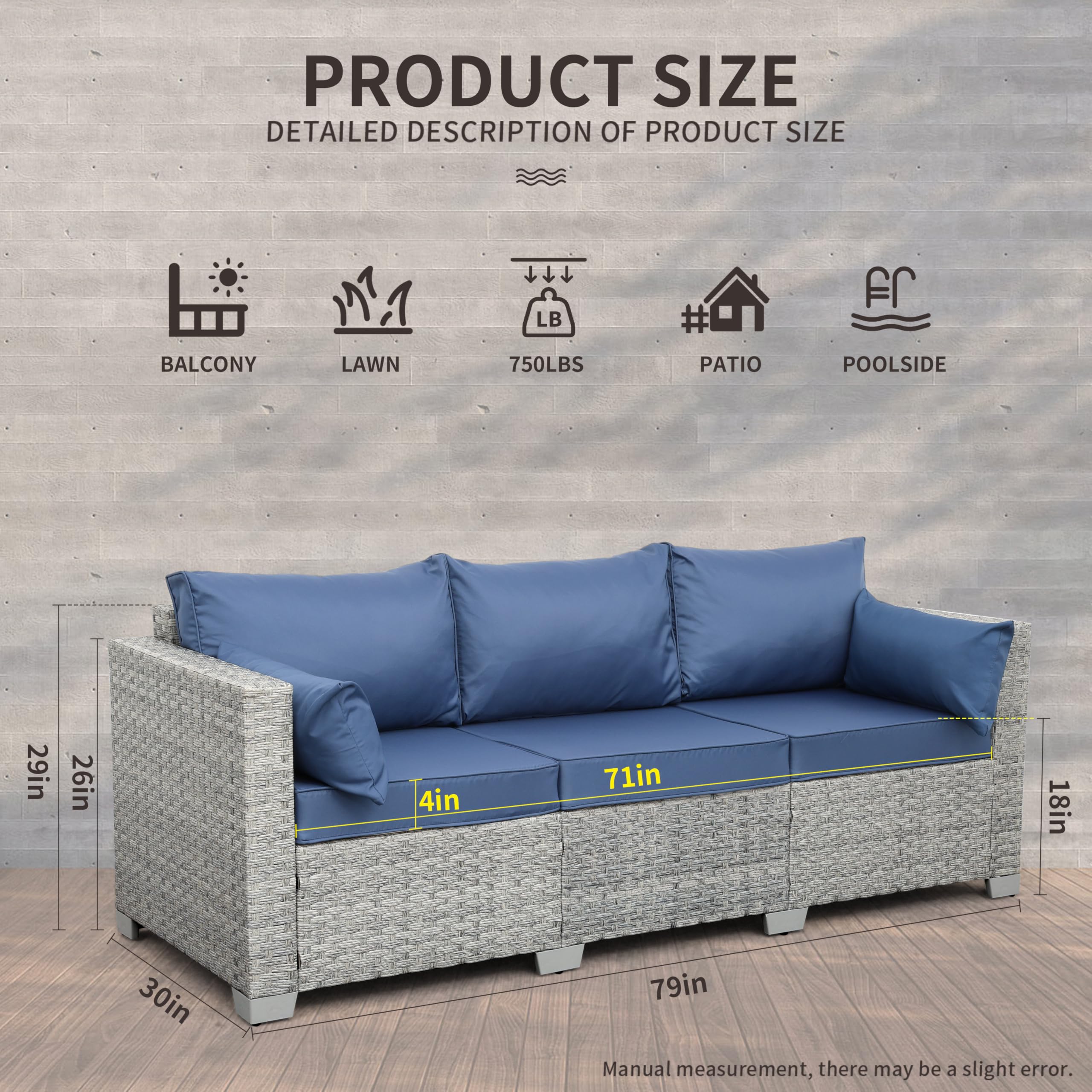 Outdoor 3-Seater Wicker Patio Sofa, Grey Rattan Couch with Deep Seat and Navy Blue Cushions for Porch