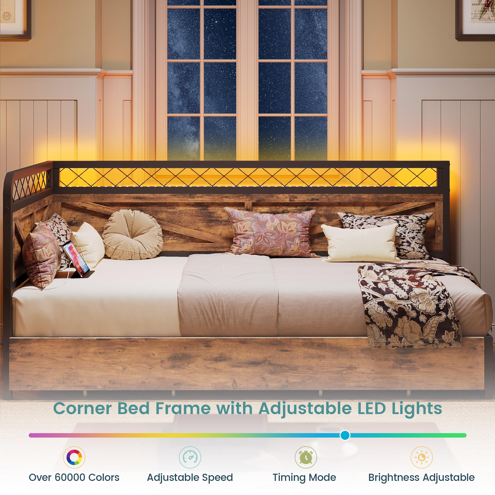 Industrial Brown Twin Daybed – Corner Bed with Storage Drawers, LED Lights & Charging Station for Guest Room
