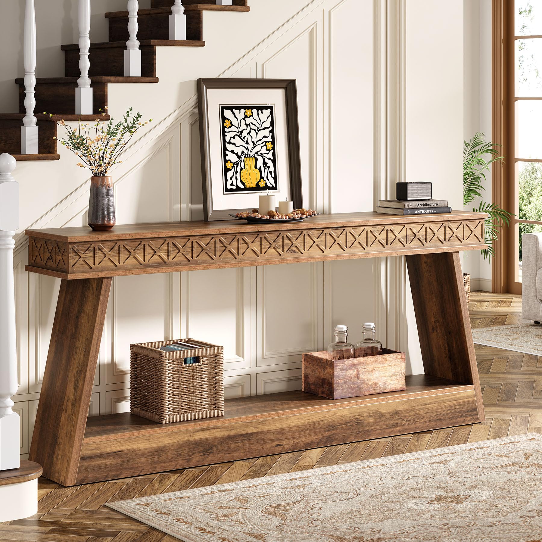 71" Extra Long Farmhouse Console Table, 2-Tier Wooden Sofa Table Behind Couch with Storage, Rustic Brown