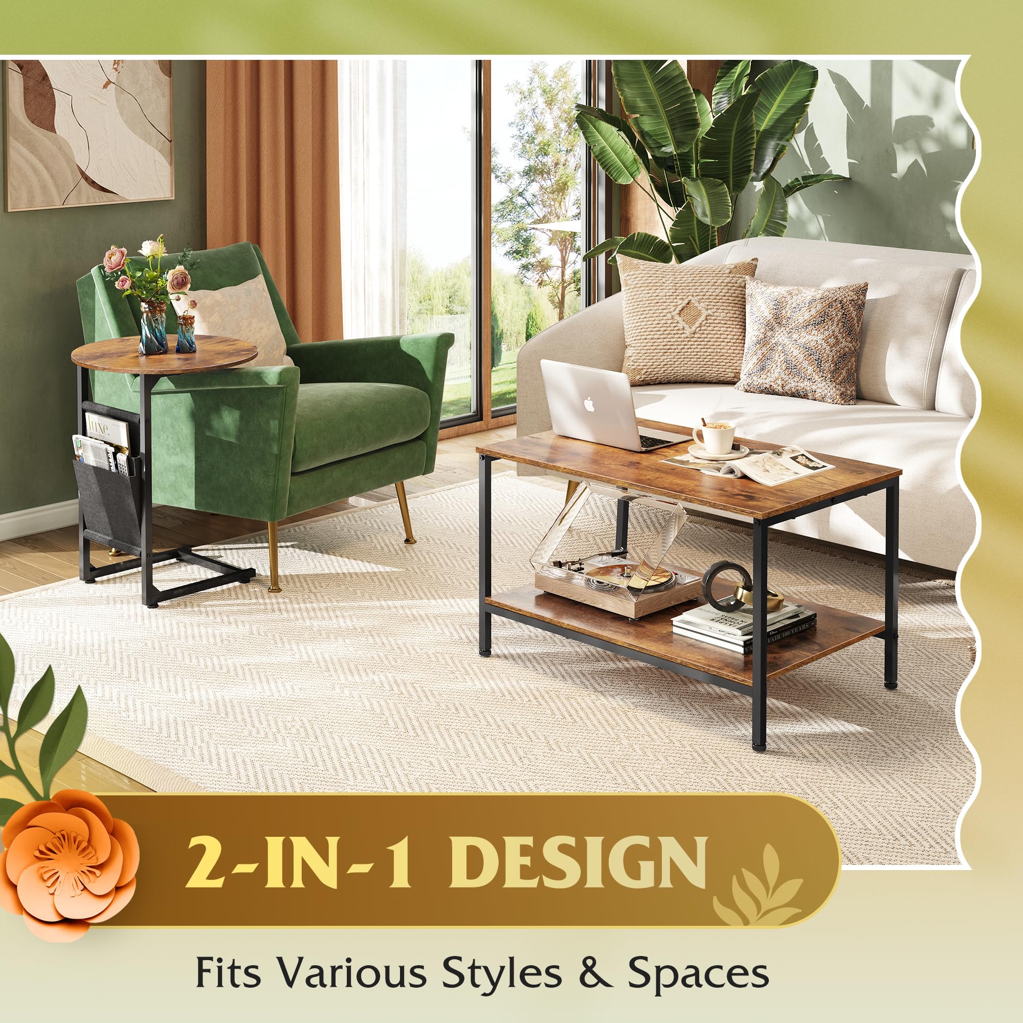 Coffee Table Set, 31.3" & 18.7" Living Room Tables with Storage Side Pouch, Rustic Brown Center & Side Table Combo