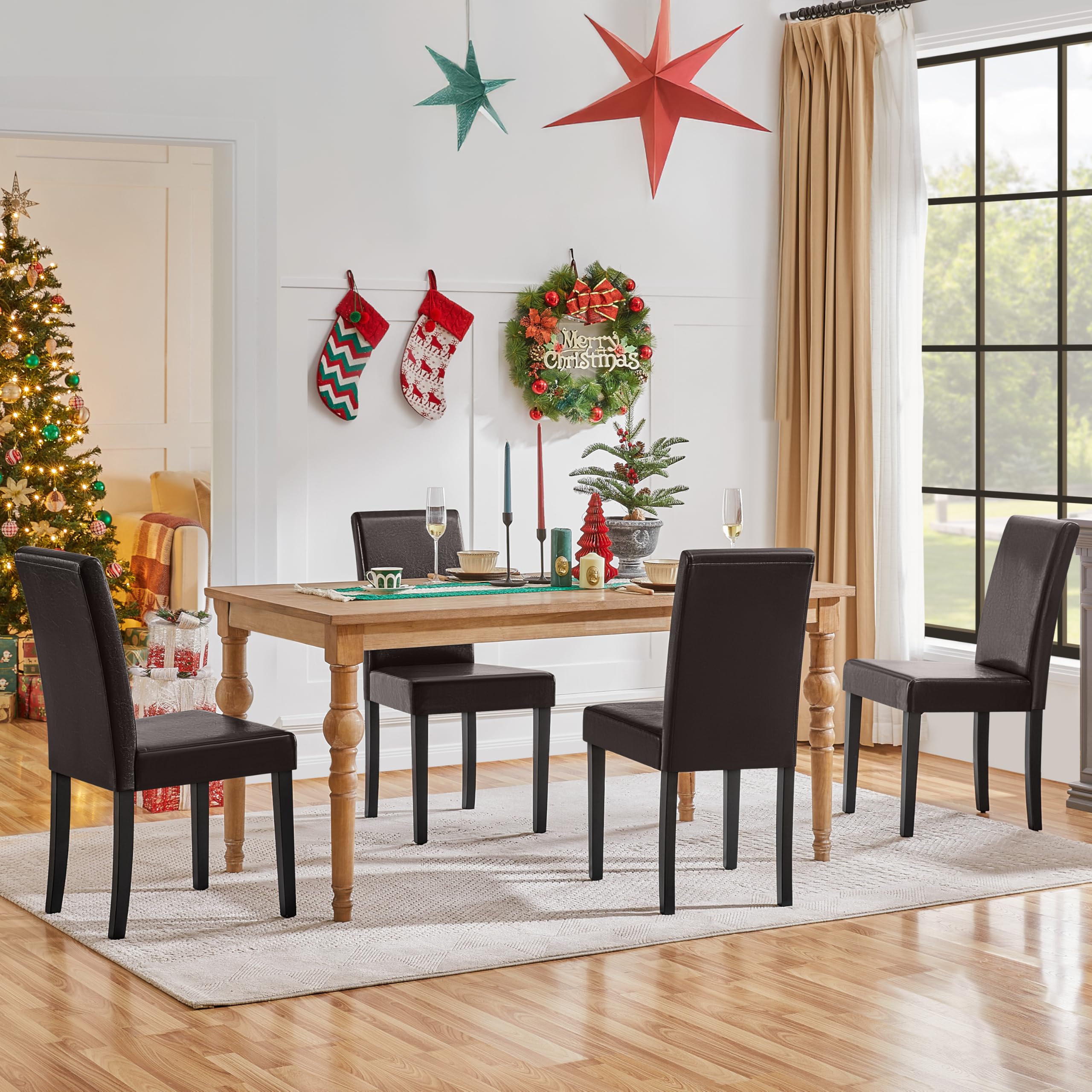 Set of 4 PU Leather Dining Chairs with Waterproof Surface & Wood Legs for Kitchen, Restaurant, Living Room