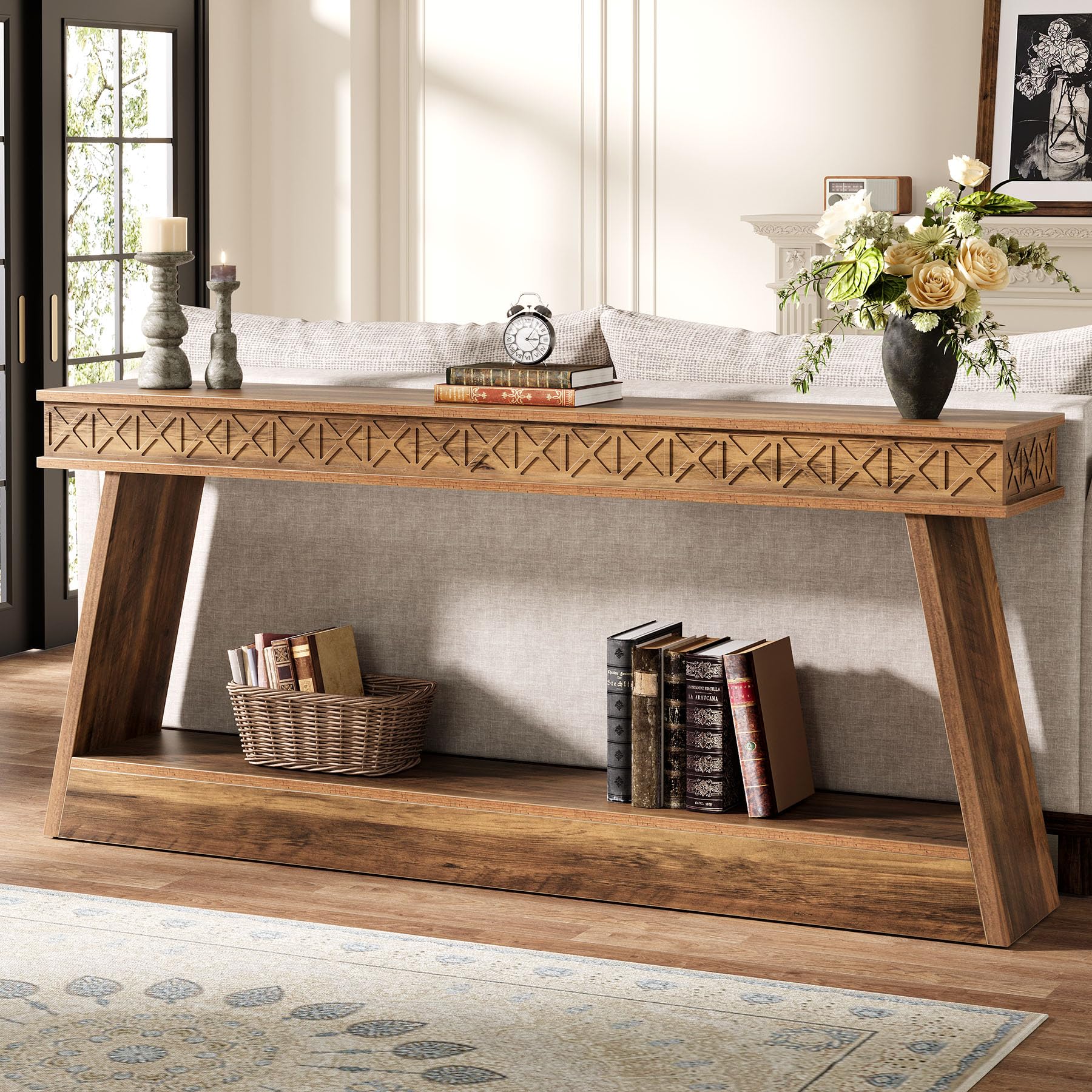 71" Extra Long Farmhouse Console Table, 2-Tier Wooden Sofa Table Behind Couch with Storage, Rustic Brown