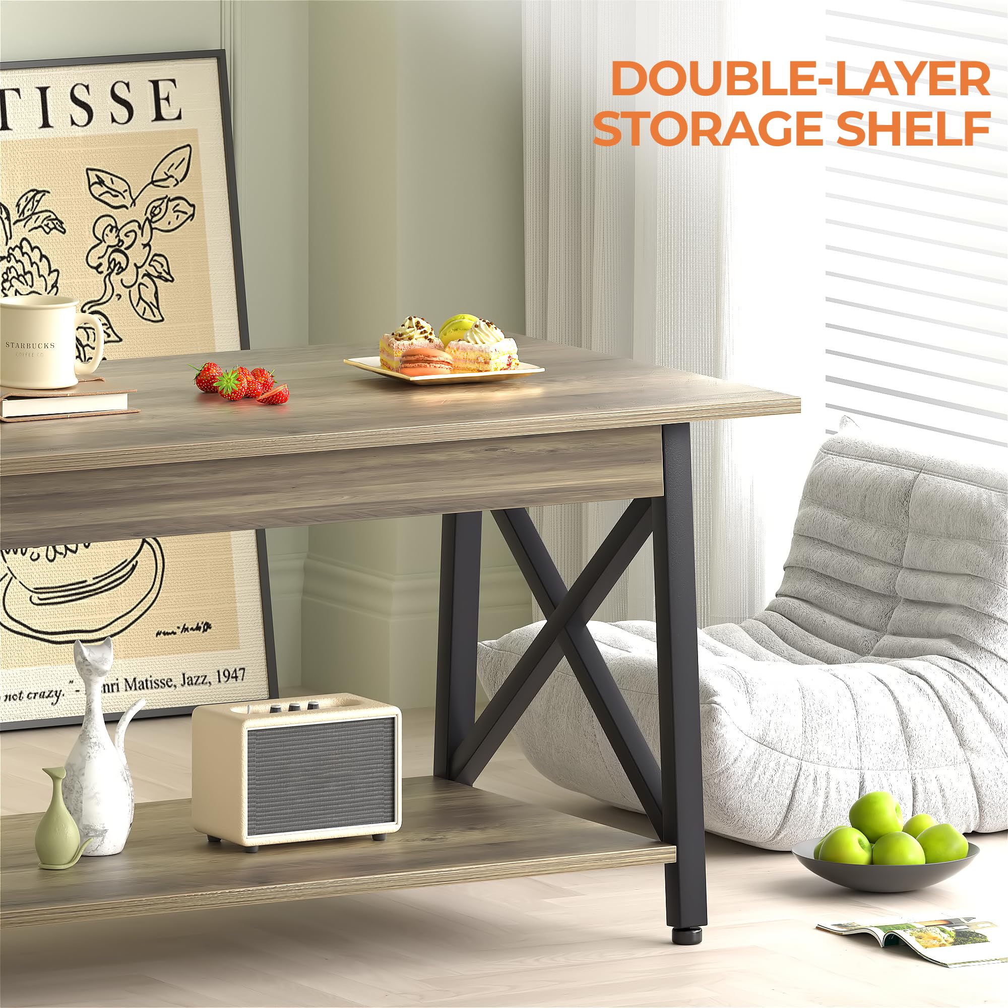 FURNIXI 39" Modern 2-Tier Coffee Table, Grey Wash X-Frame Farmhouse Living Room Table with Storage, Easy Assembly
