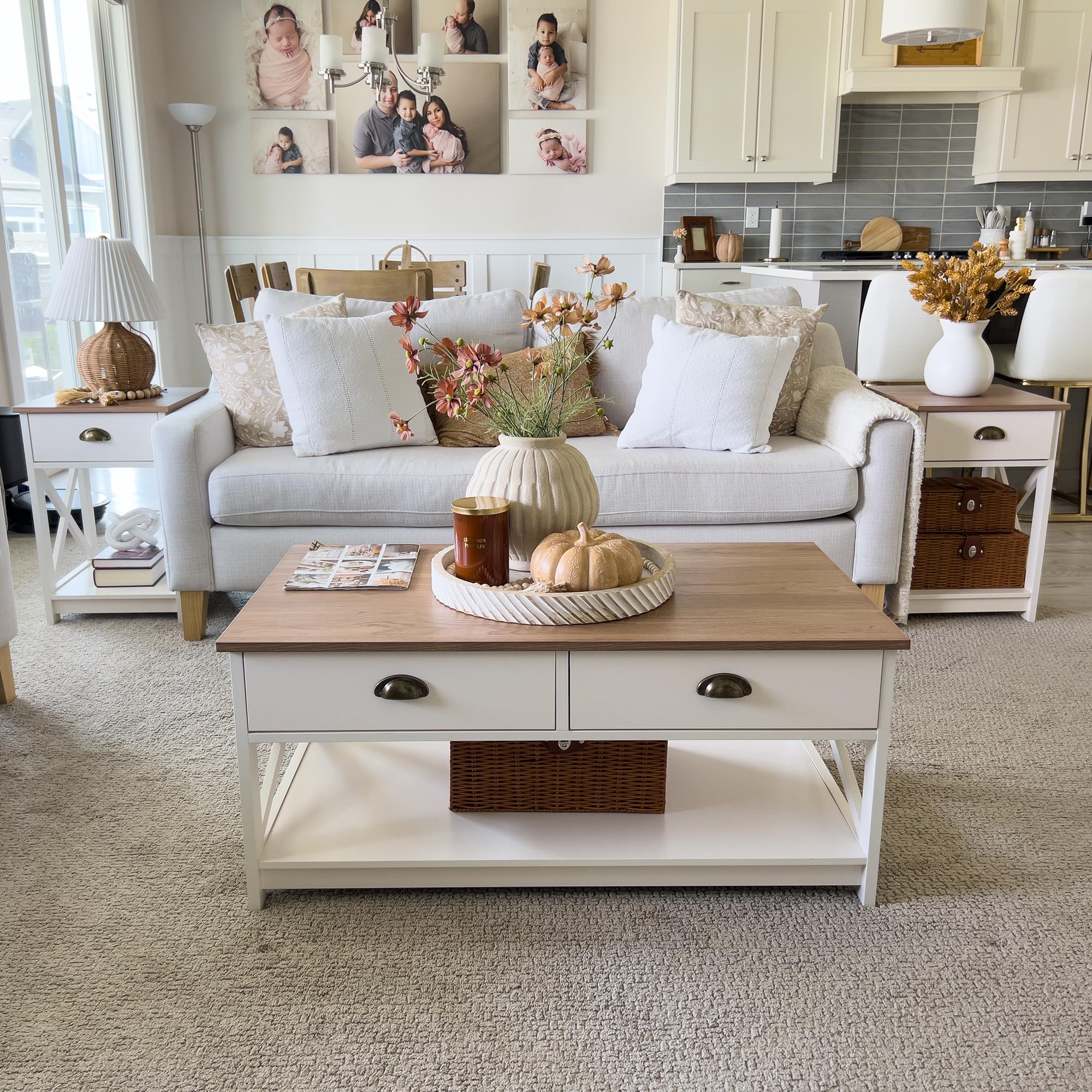 Ivory White Farmhouse End Table Set of 2, Small Bedside Tables for Bedroom or Living Room Use