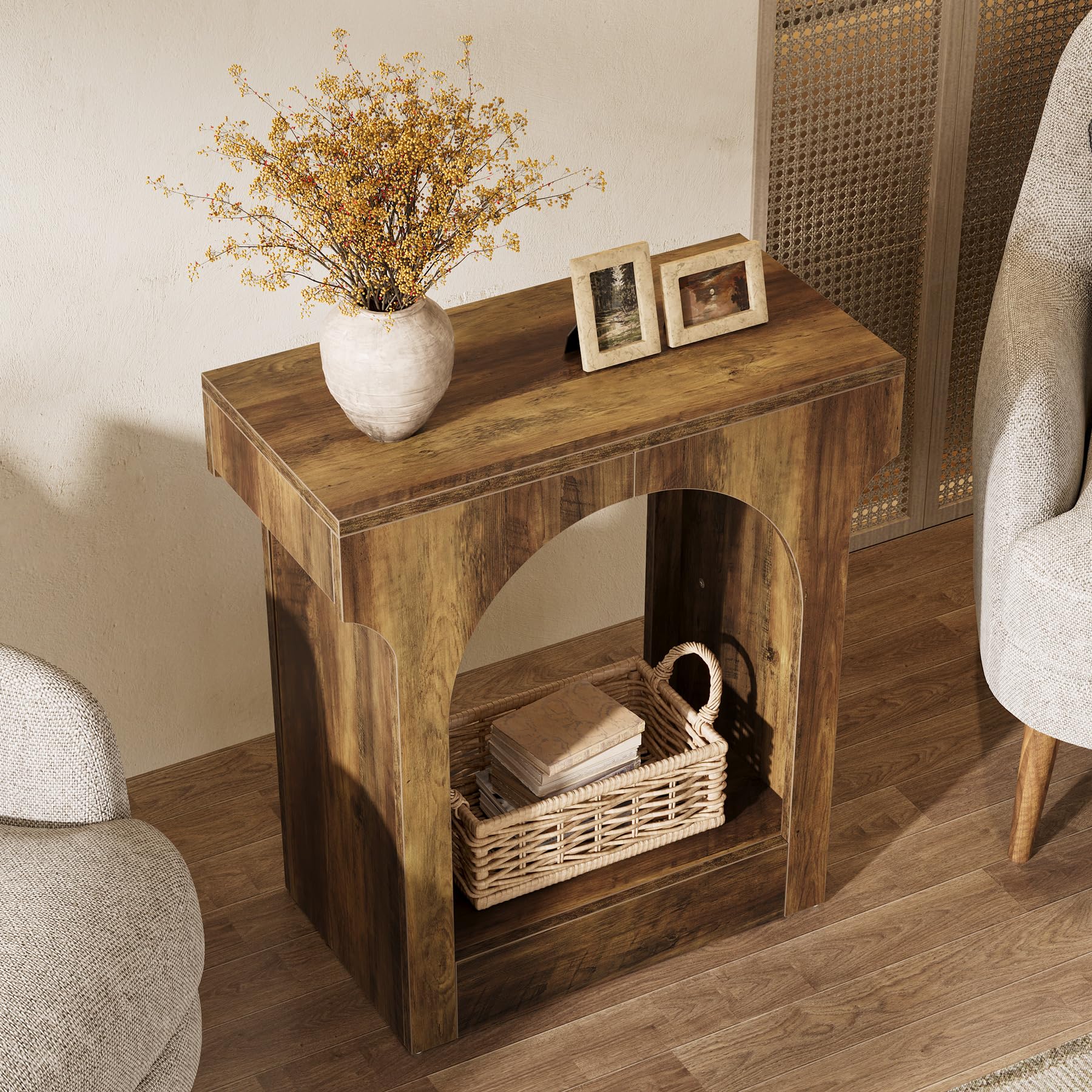 Rustic Brown Wood End Table Set of 2, Narrow Side Tables with Storage Space for Bedroom or Living Room