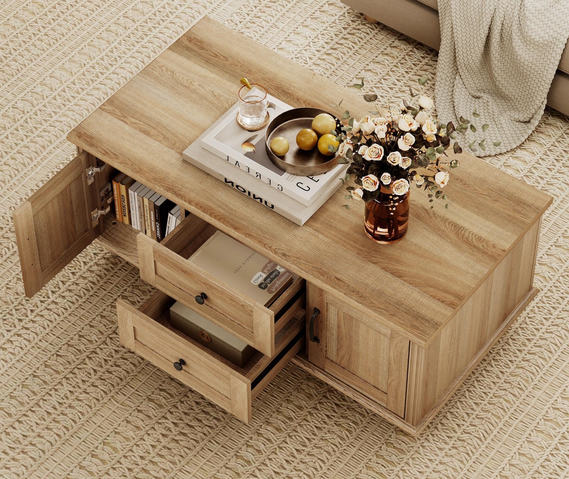 Farmhouse Coffee Table with Storage Cabinet, Rustic Wooden Center Table with Drawers for Living Room, Oak Finish
