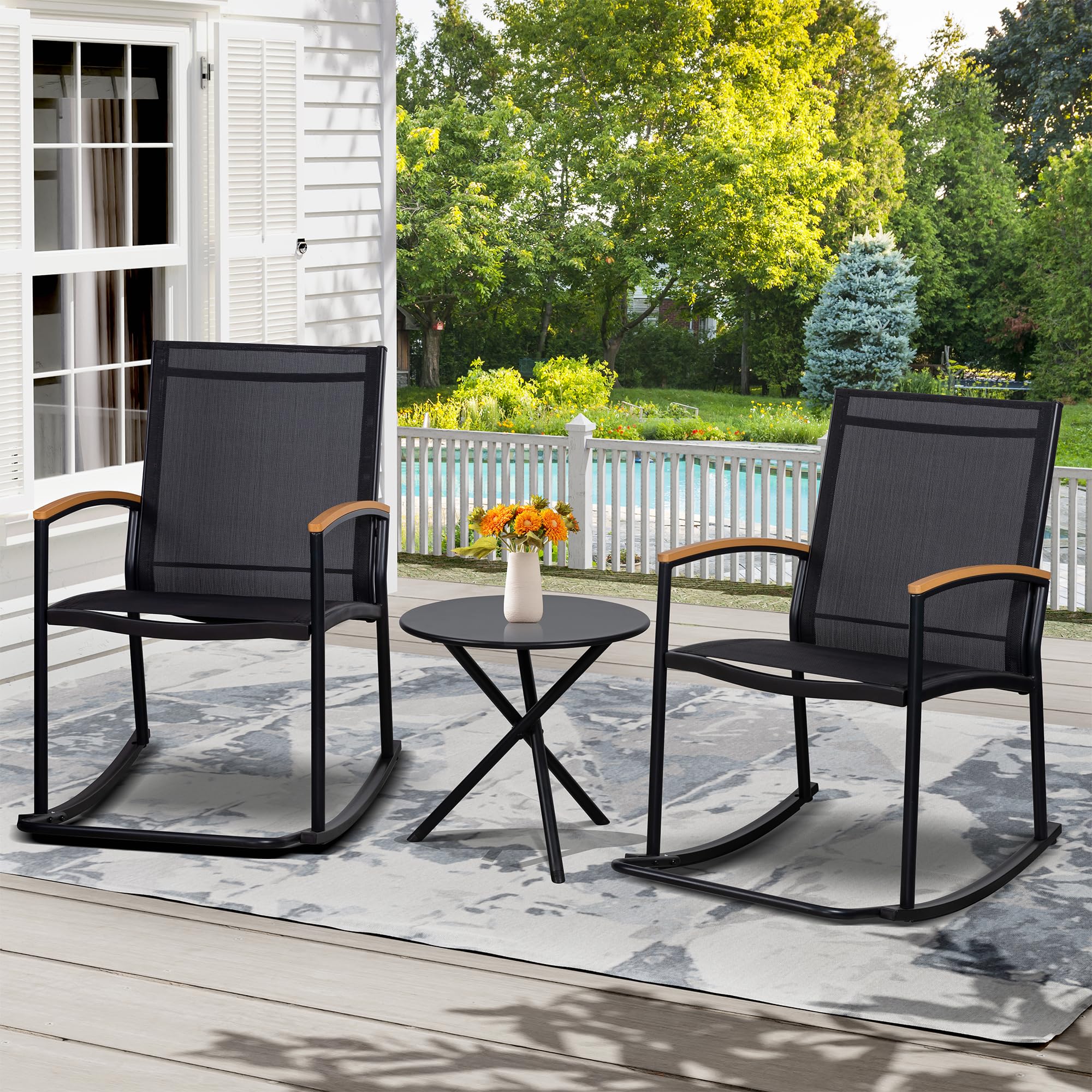 3-Piece Rocking Bistro Patio Set – Black Small Outdoor Table and Chairs Set for Porch, Balcony or Garden