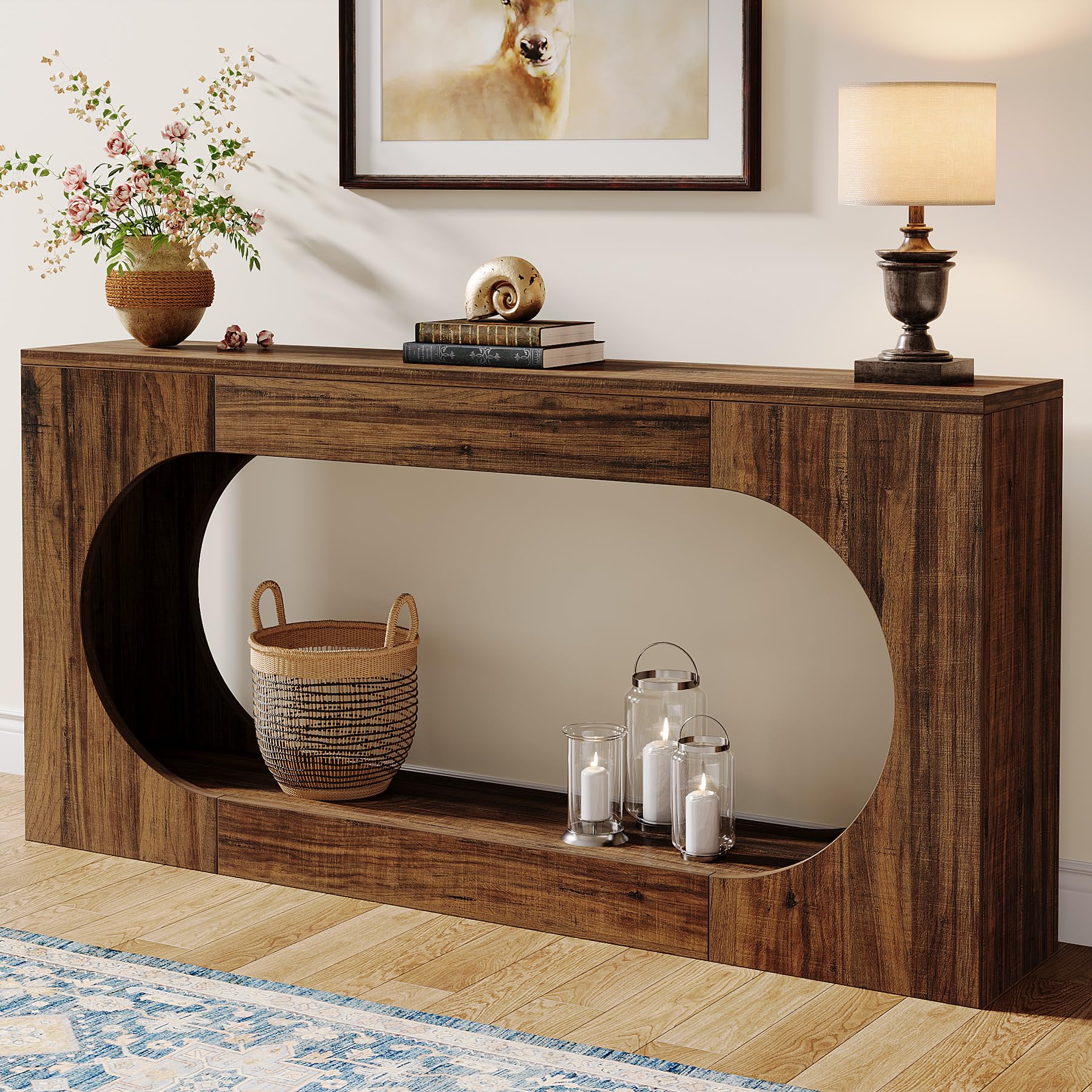 63" Narrow Sofa Table, 2-Tier Farmhouse Entryway Console Table for Hallway, Living Room, Behind Couch, Rustic Brown