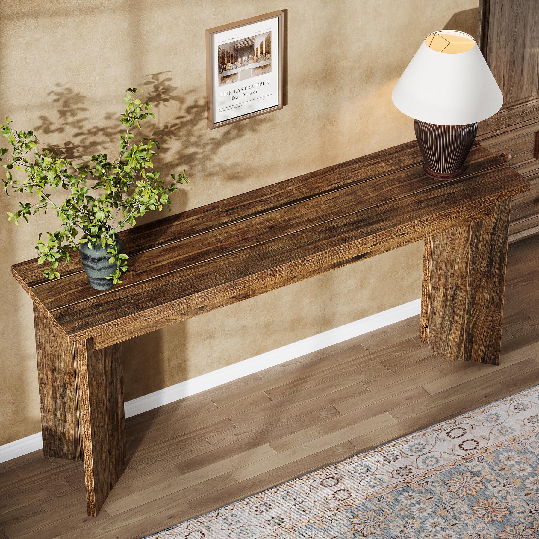 70.9" Extra Long Wooden Console Table, Farmhouse Sofa Table with Wide Top & Double Pedestal for Living Room, Hallway