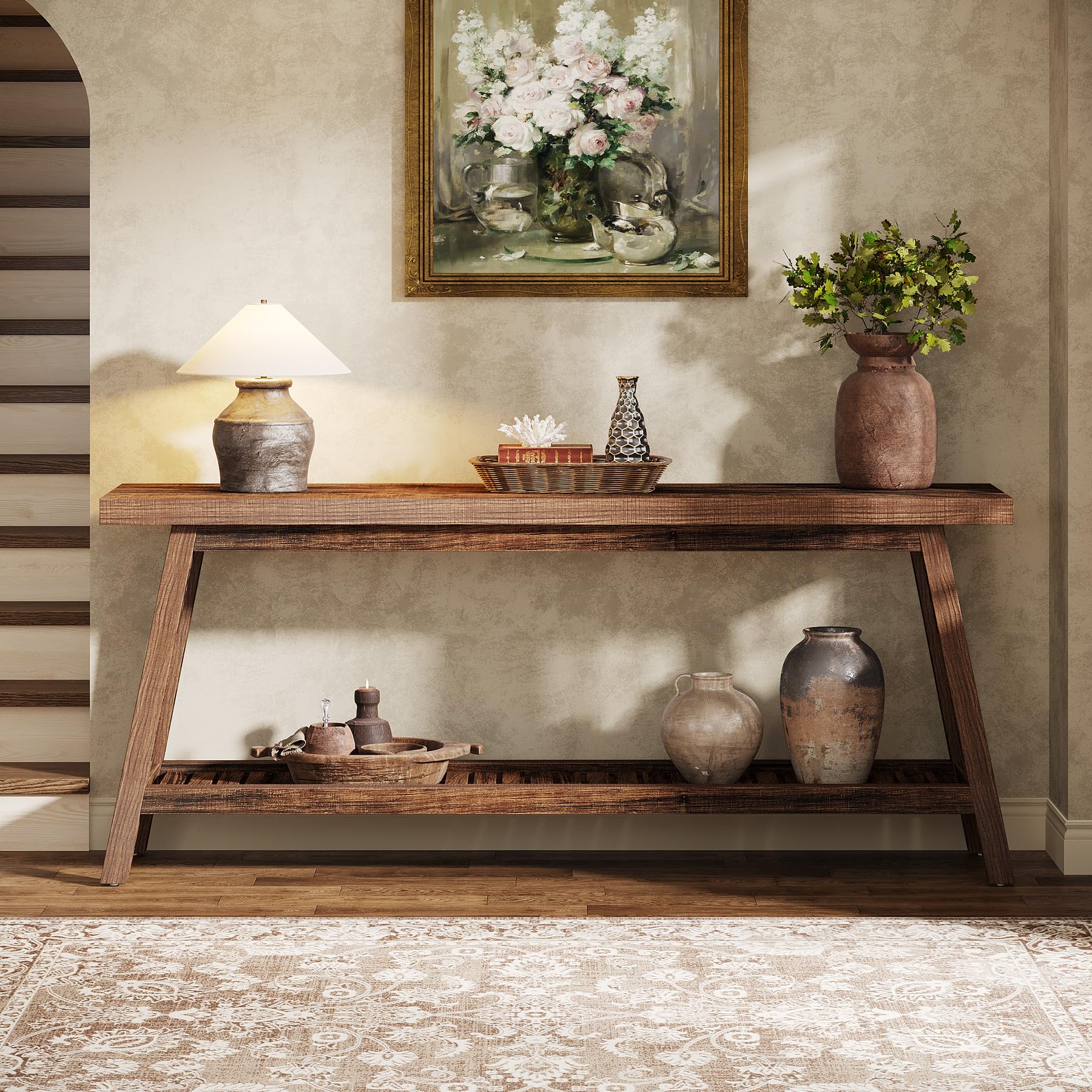 70.86" Farmhouse Console Table, 2-Tier Extra Long Entryway Sofa Table Behind Couch for Hallway, Rustic Brown